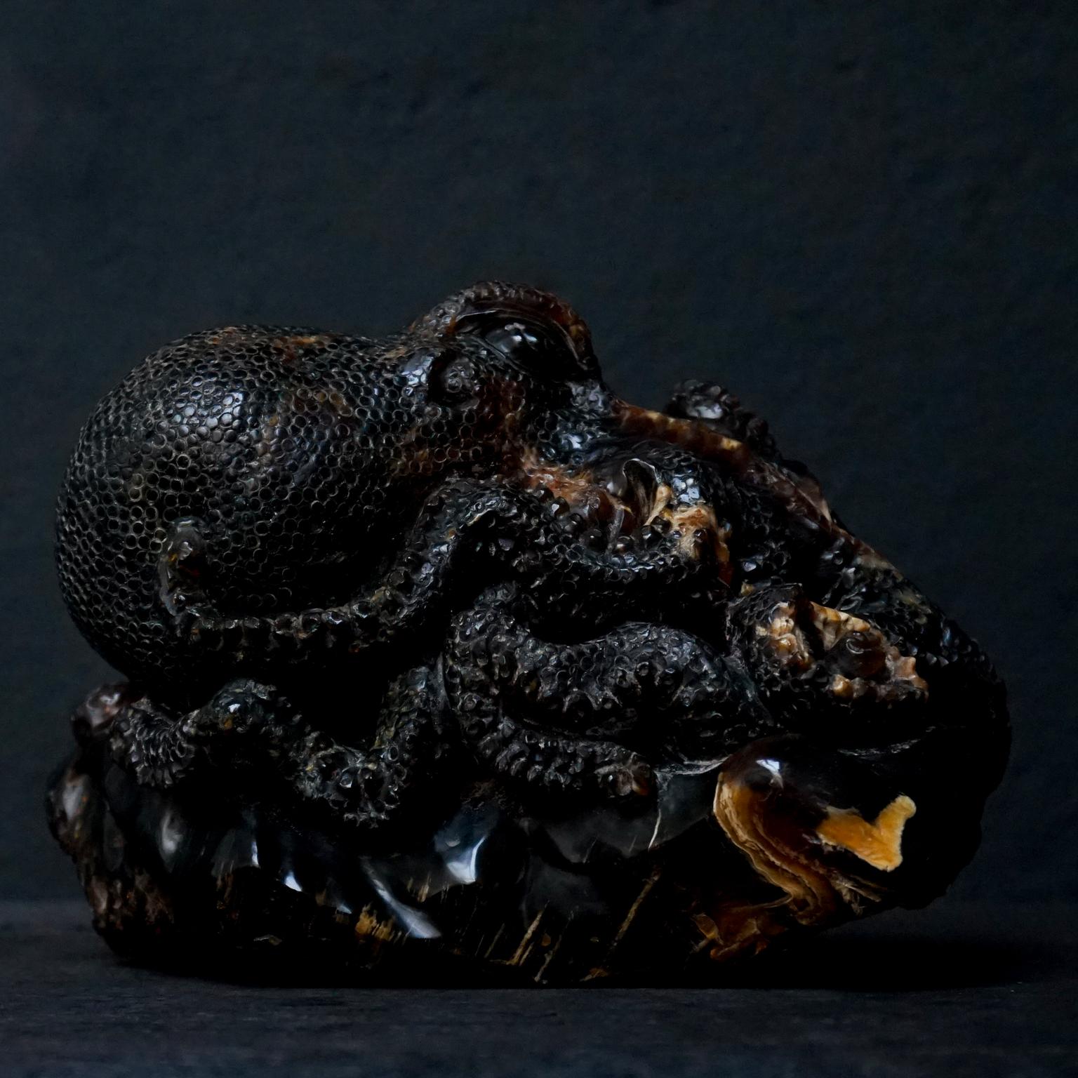 Large 20th century Malaysian Sarawak Borneo Carved Dark Amber Octopus For Sale 3