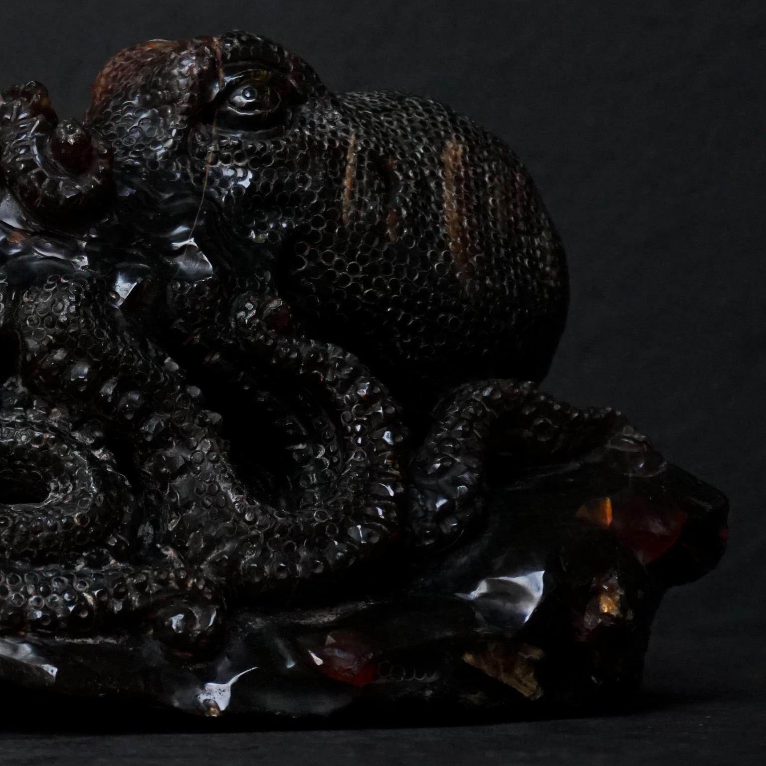 20th Century Large 20th century Malaysian Sarawak Borneo Carved Dark Amber Octopus For Sale