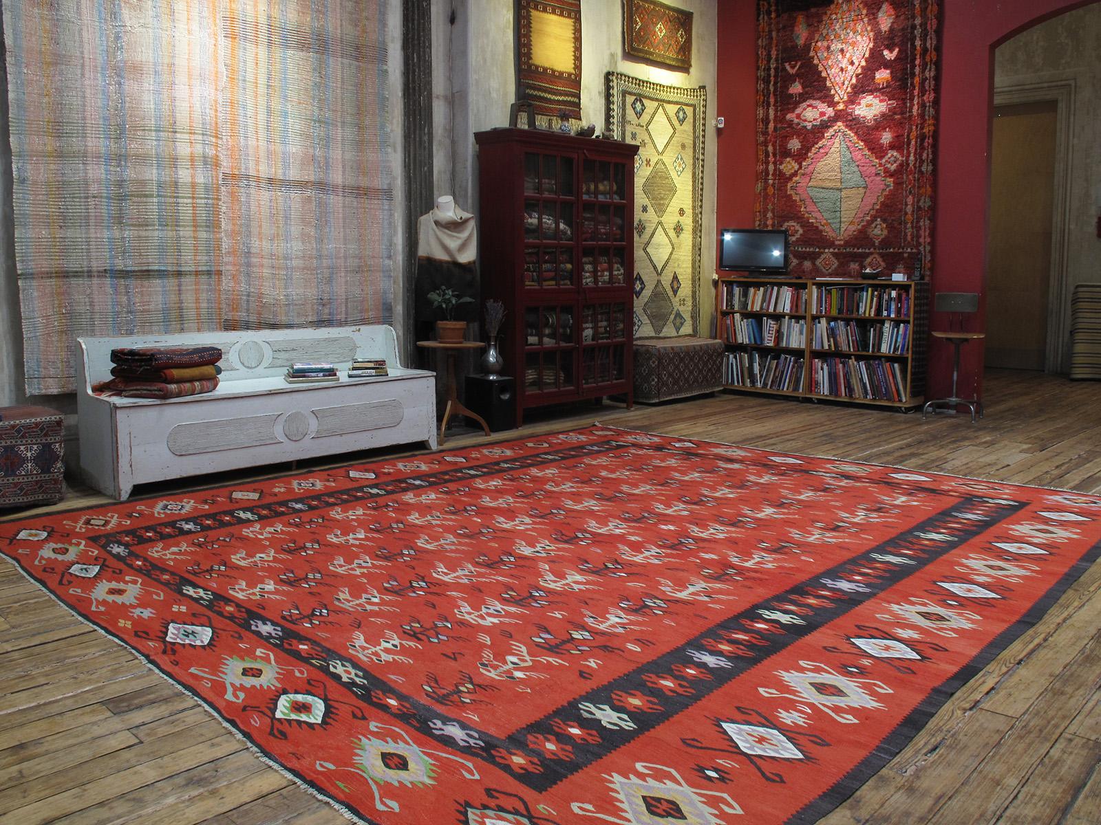 An old kilim from the Serbia - Bulgaria border regions where weaving large kilims is a centuries-old tradition. This is a very good example in rare large format and in very good state of preservation.