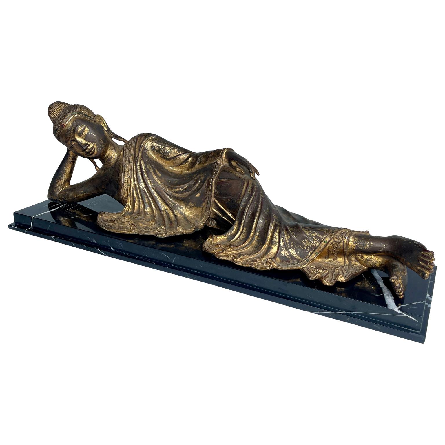 Other Large Mandalay Style Gilt Bronze Reclining Buddha Sculpture on Black Marble Base For Sale