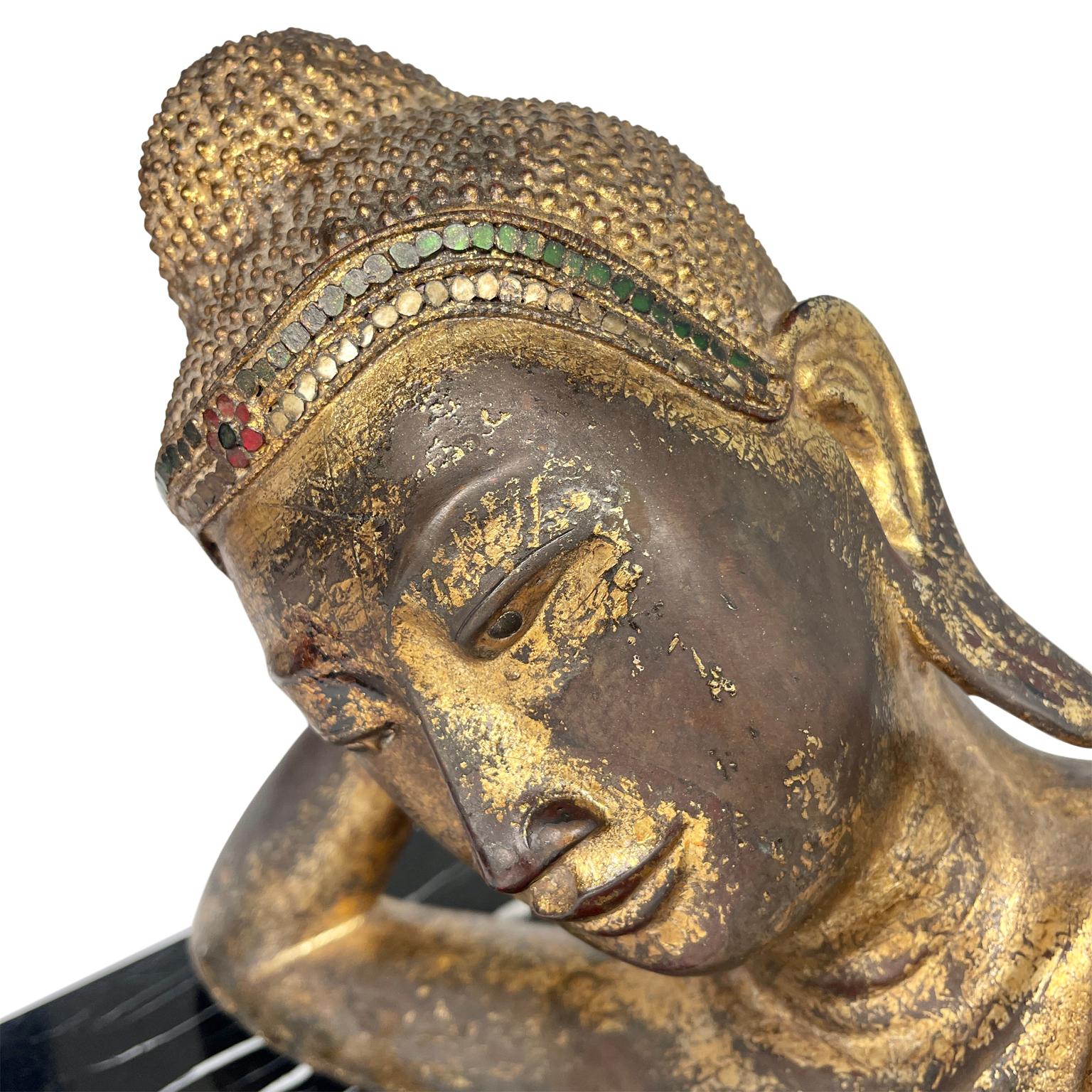 Large Mandalay Style Gilt Bronze Reclining Buddha Sculpture on Black Marble Base For Sale 7