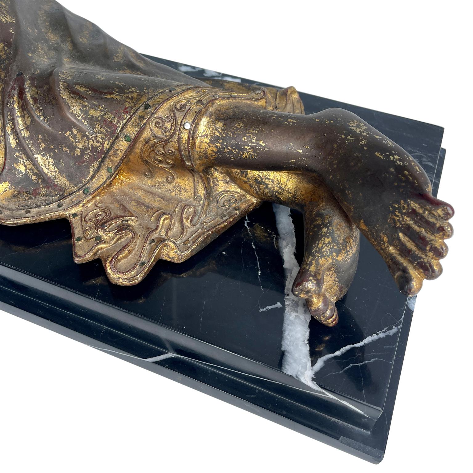 Large Mandalay Style Gilt Bronze Reclining Buddha Sculpture on Black Marble Base For Sale 6