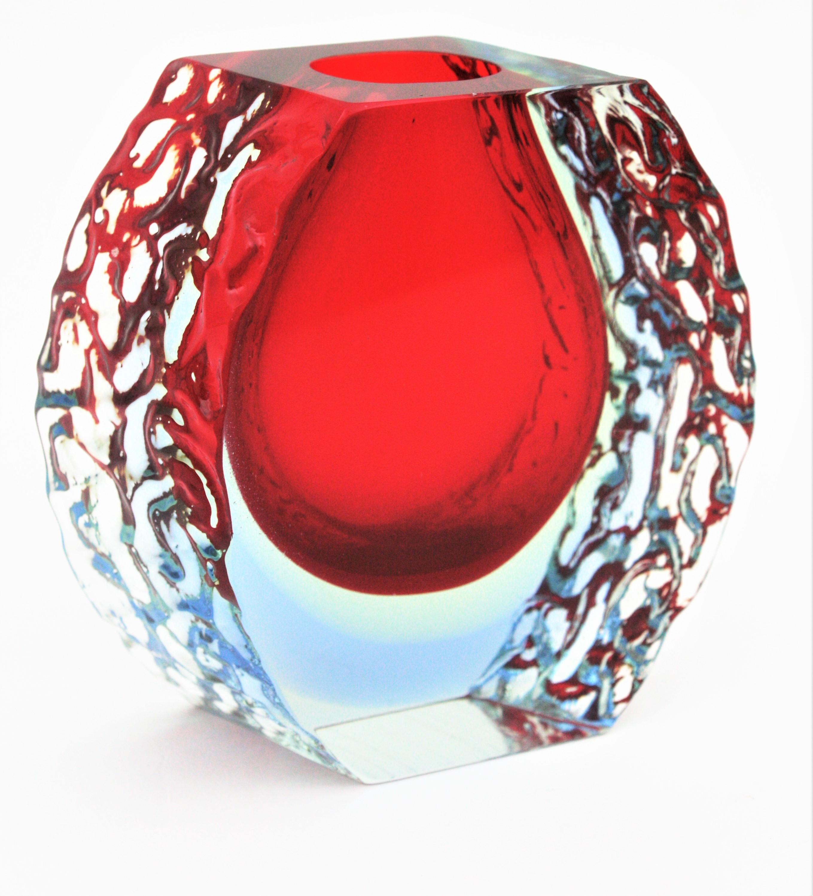 Large Mandruzzato Murano Faceted Textured Red, Blue, Yellow Sommerso Glass Vase 1