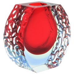 Large Mandruzzato Murano Faceted Textured Red, Blue, Yellow Sommerso Glass Vase