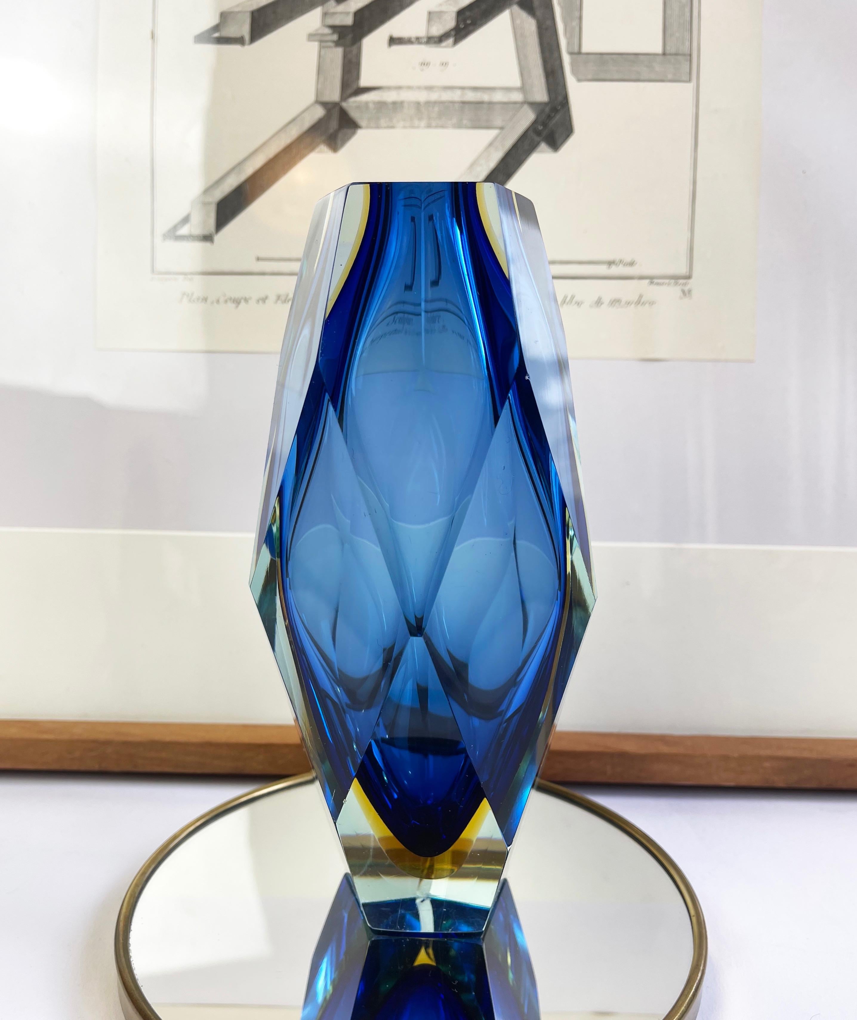 Italian Large Luigi Mandruzzato Vase, Murano Sommerso, Blue, Yellow & Clear Faceted For Sale
