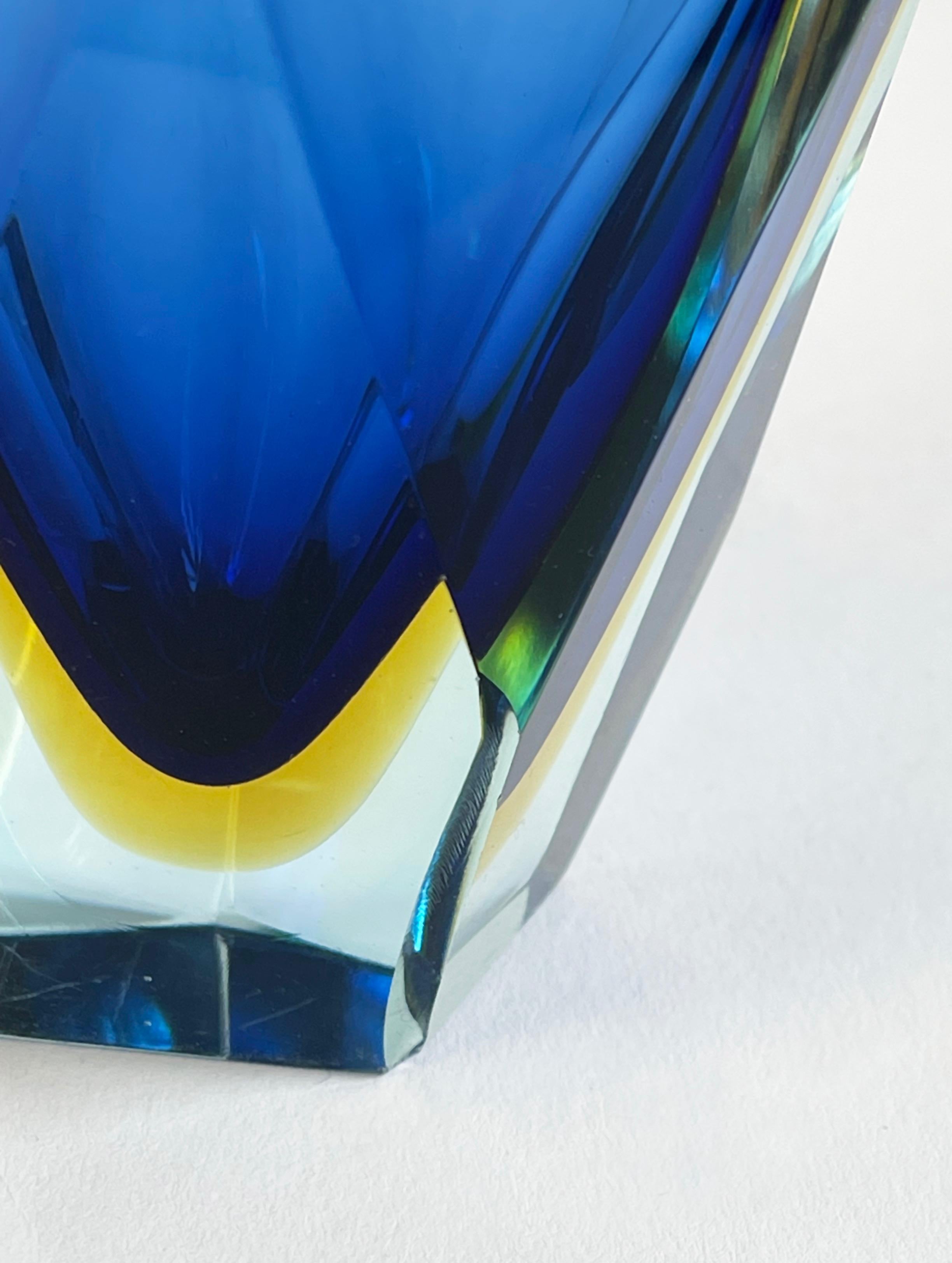 Large Luigi Mandruzzato Vase, Murano Sommerso, Blue, Yellow & Clear Faceted For Sale 8