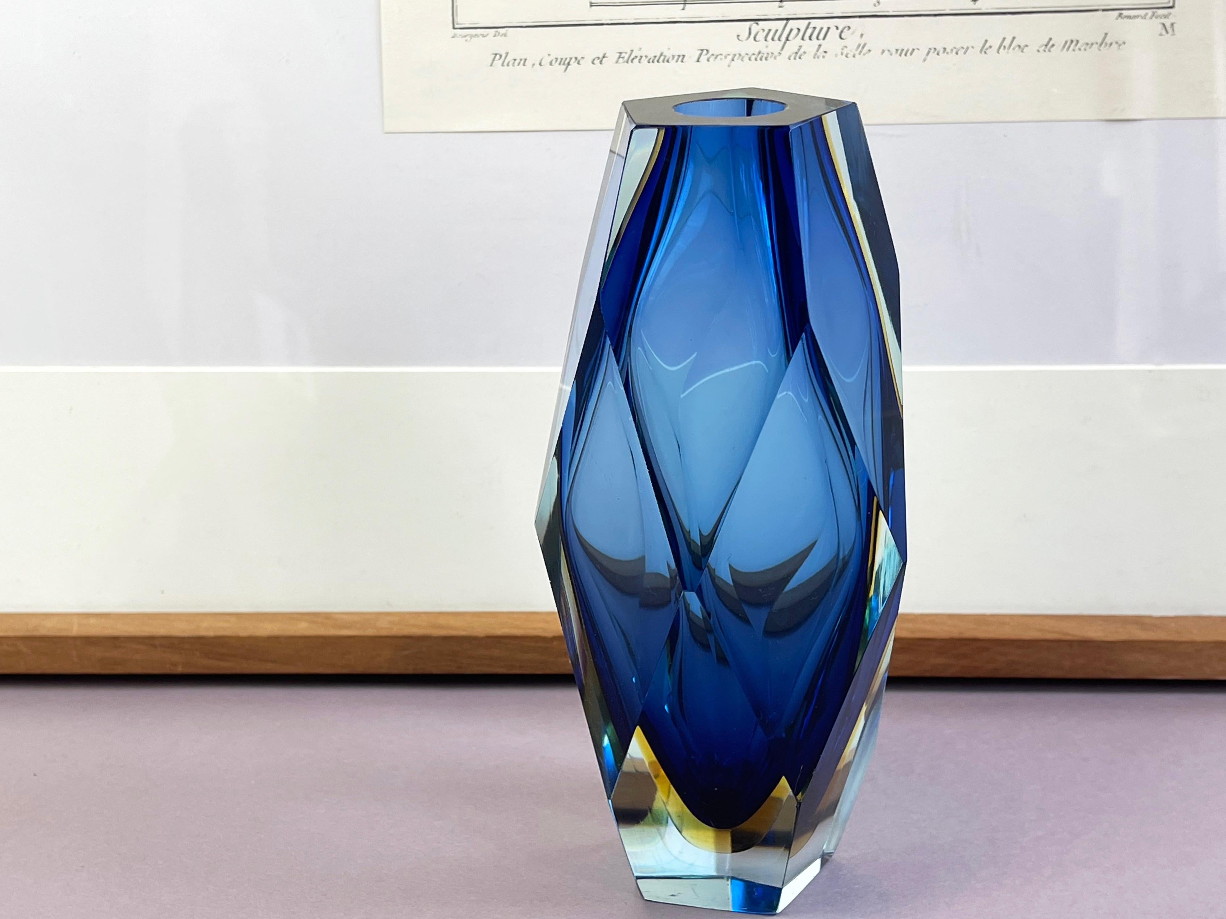 Hand-Crafted Large Luigi Mandruzzato Vase, Murano Sommerso, Blue, Yellow & Clear Faceted For Sale