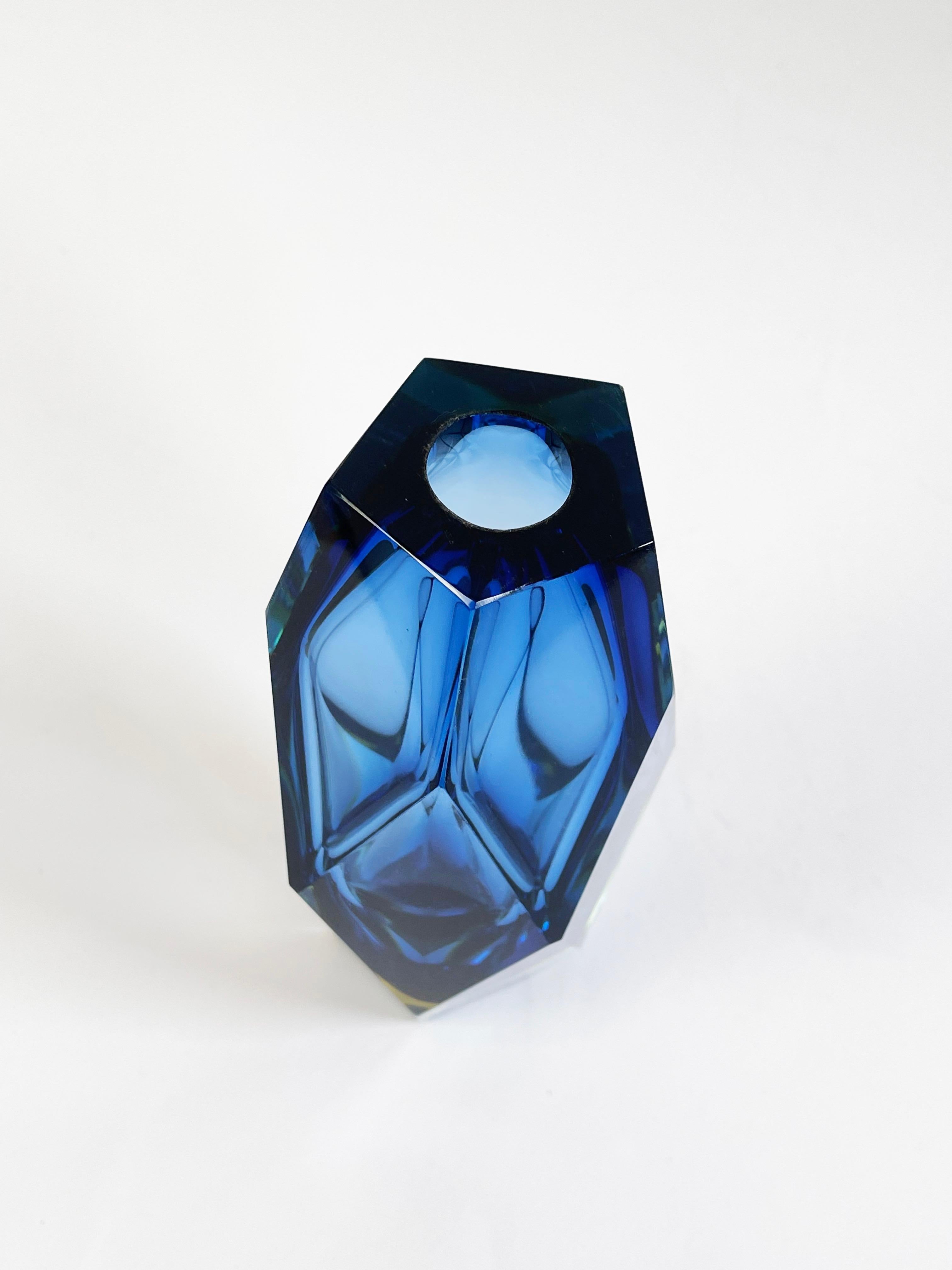 Mid-Century Modern Large Luigi Mandruzzato Vase, Murano Sommerso, Blue, Yellow & Clear Faceted For Sale