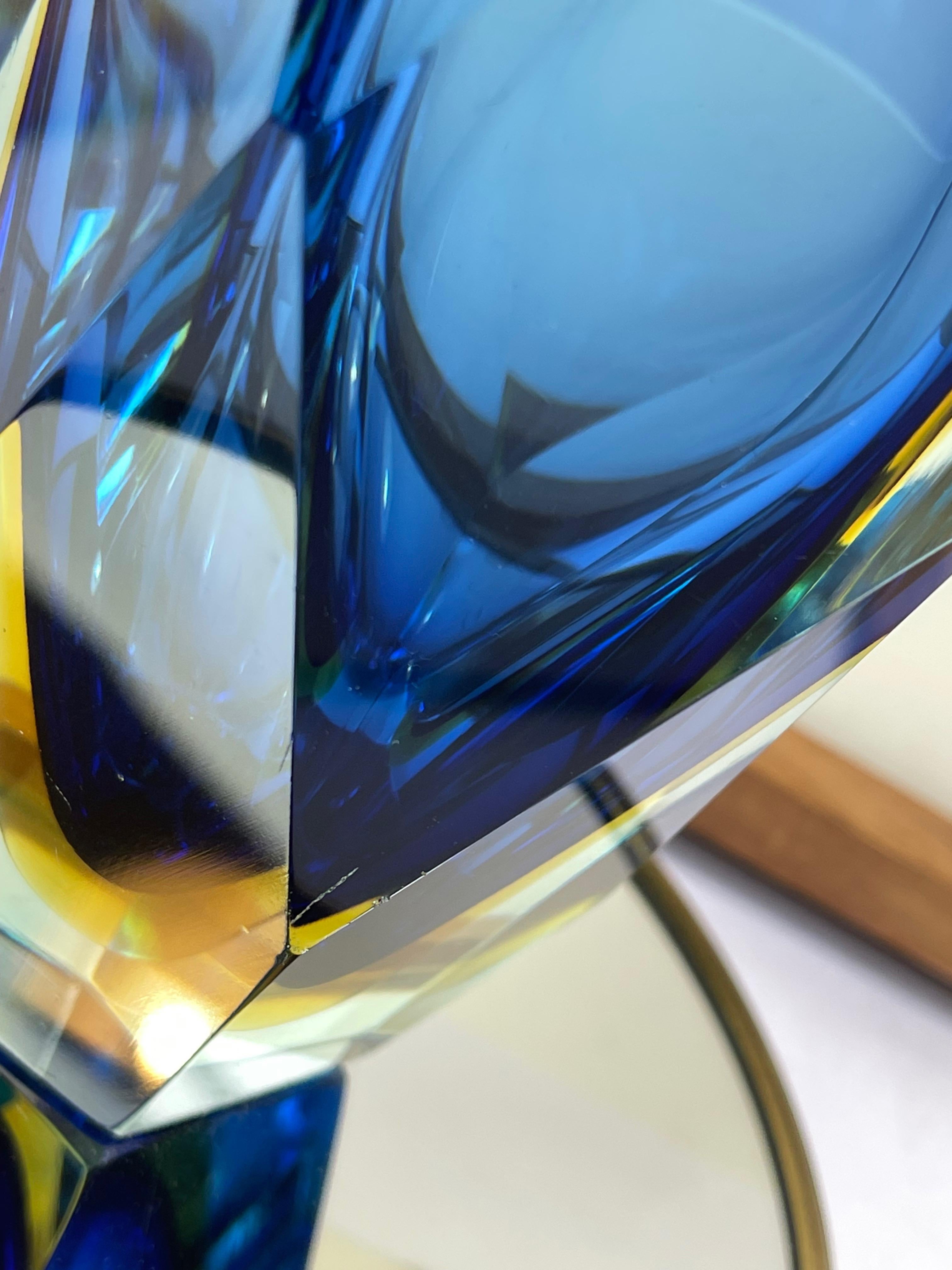 Large Luigi Mandruzzato Vase, Murano Sommerso, Blue, Yellow & Clear Faceted For Sale 6
