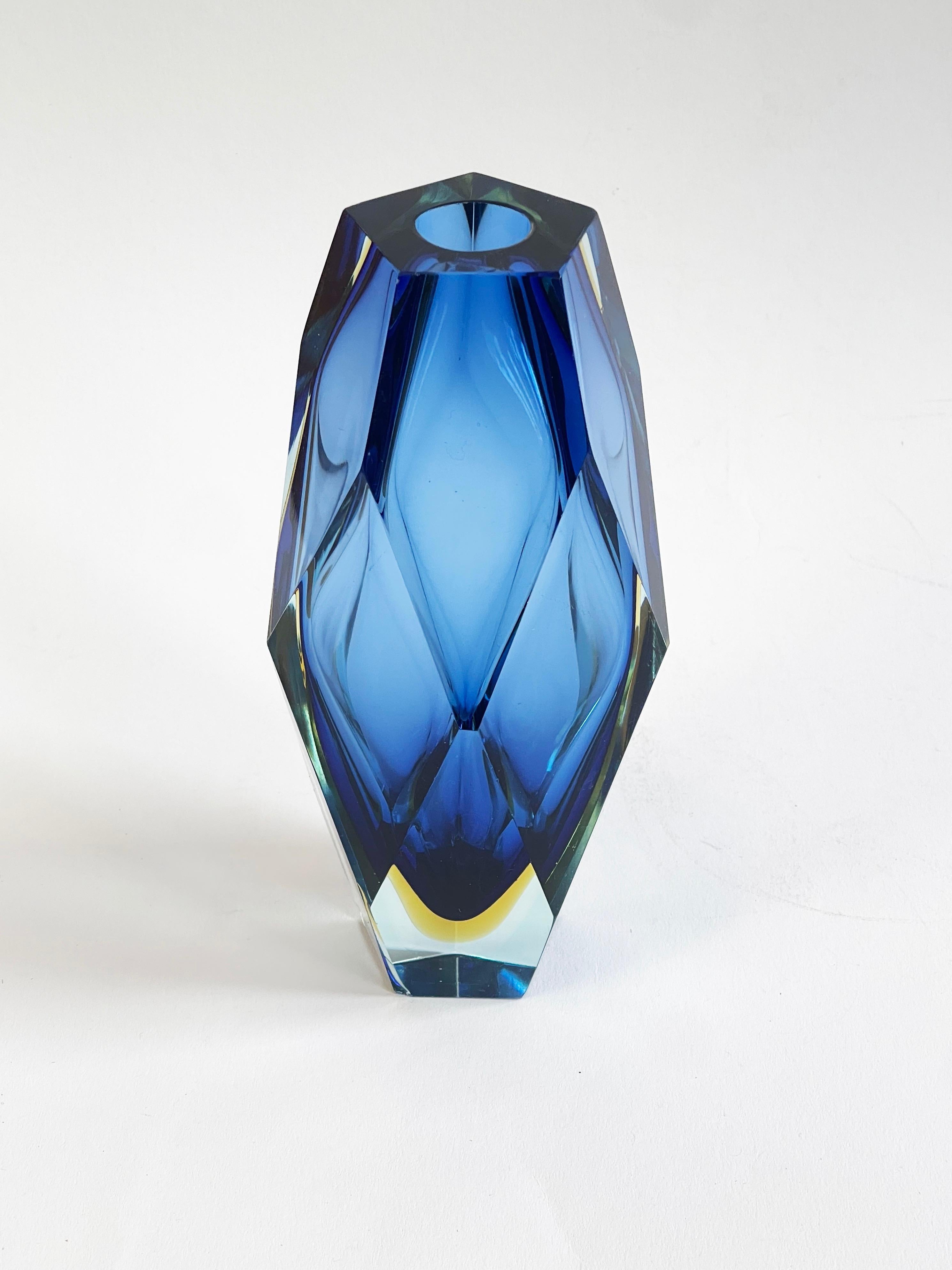20th Century Large Luigi Mandruzzato Vase, Murano Sommerso, Blue, Yellow & Clear Faceted For Sale