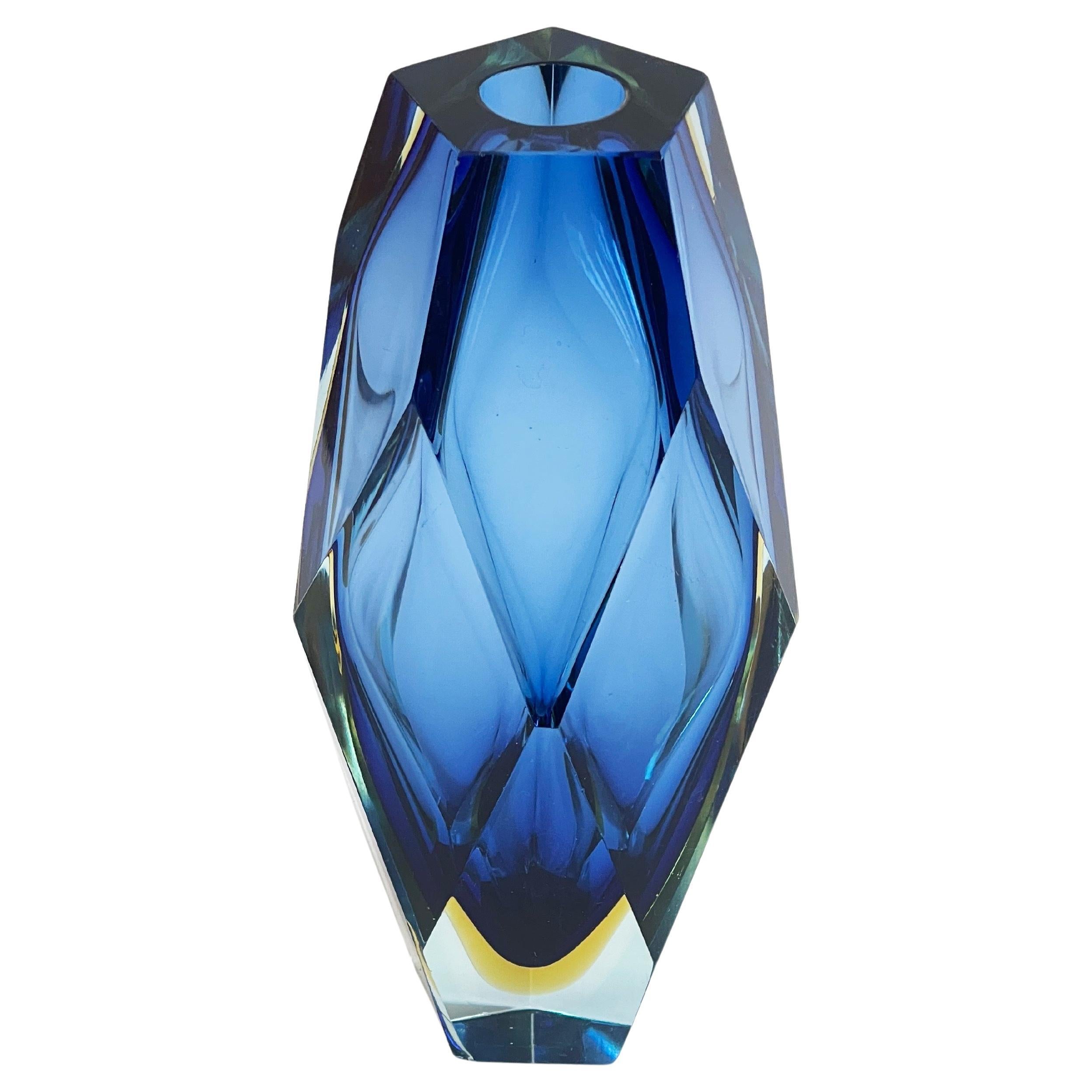 Large Luigi Mandruzzato Vase, Murano Sommerso, Blue, Yellow & Clear Faceted