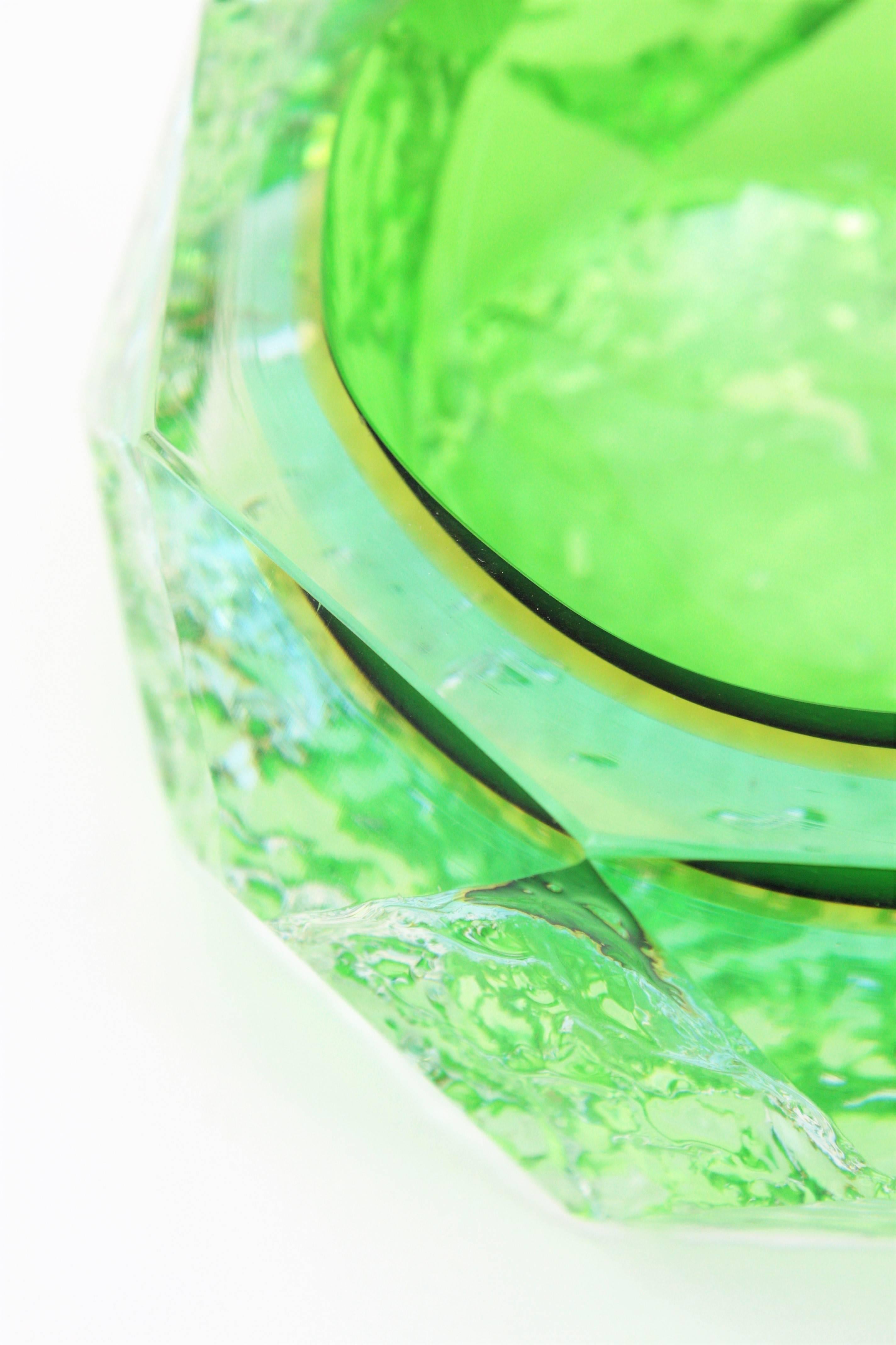 Mid-Century Modern Mandruzzato Murano Ice Glass Faceted Sommerso Green Blue Yellow Art Glass Bowl