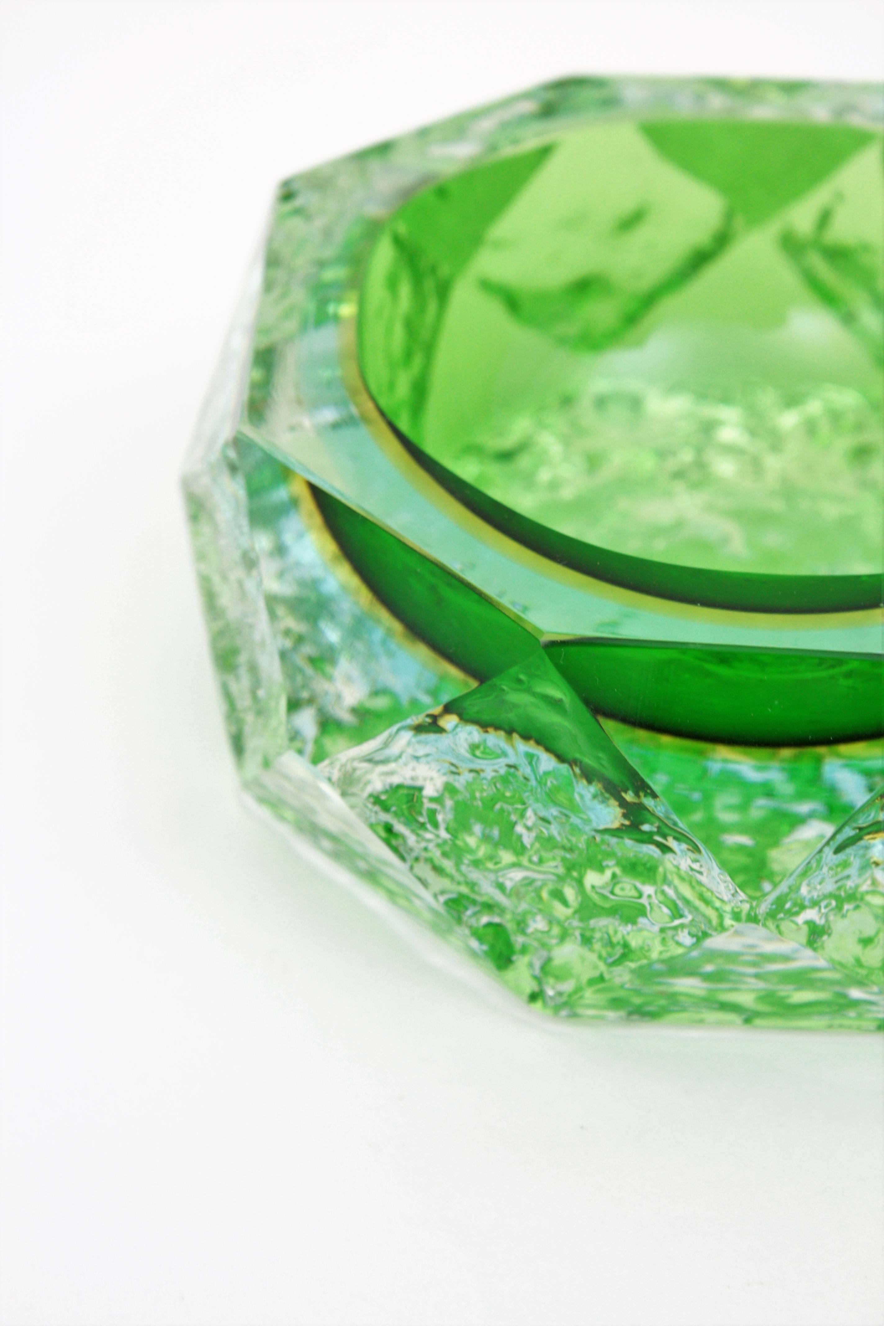 Italian Mandruzzato Murano Ice Glass Faceted Sommerso Green Blue Yellow Art Glass Bowl