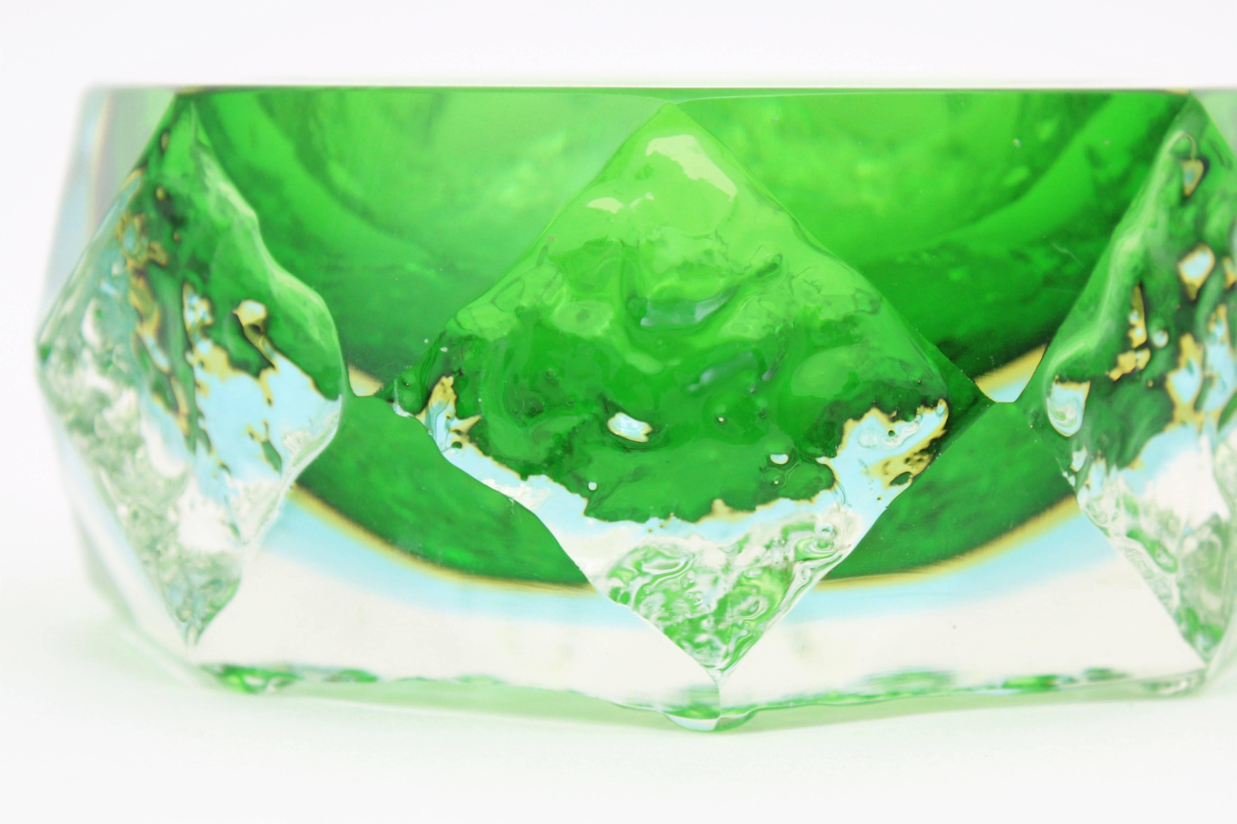 Mandruzzato Murano Ice Glass Faceted Sommerso Green Blue Yellow Art Glass Bowl 1