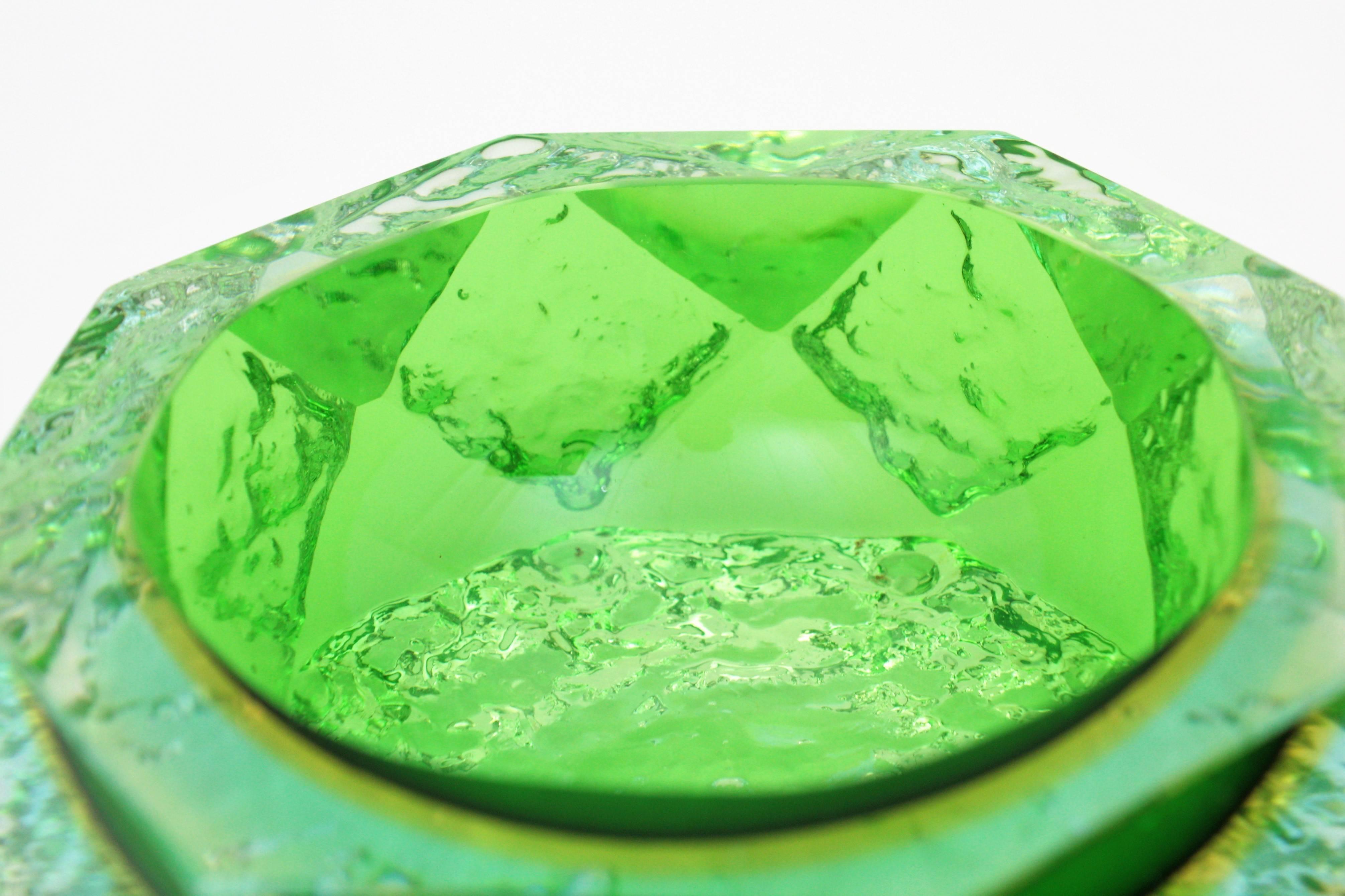 Mandruzzato Murano Ice Glass Faceted Sommerso Green Blue Yellow Art Glass Bowl 2