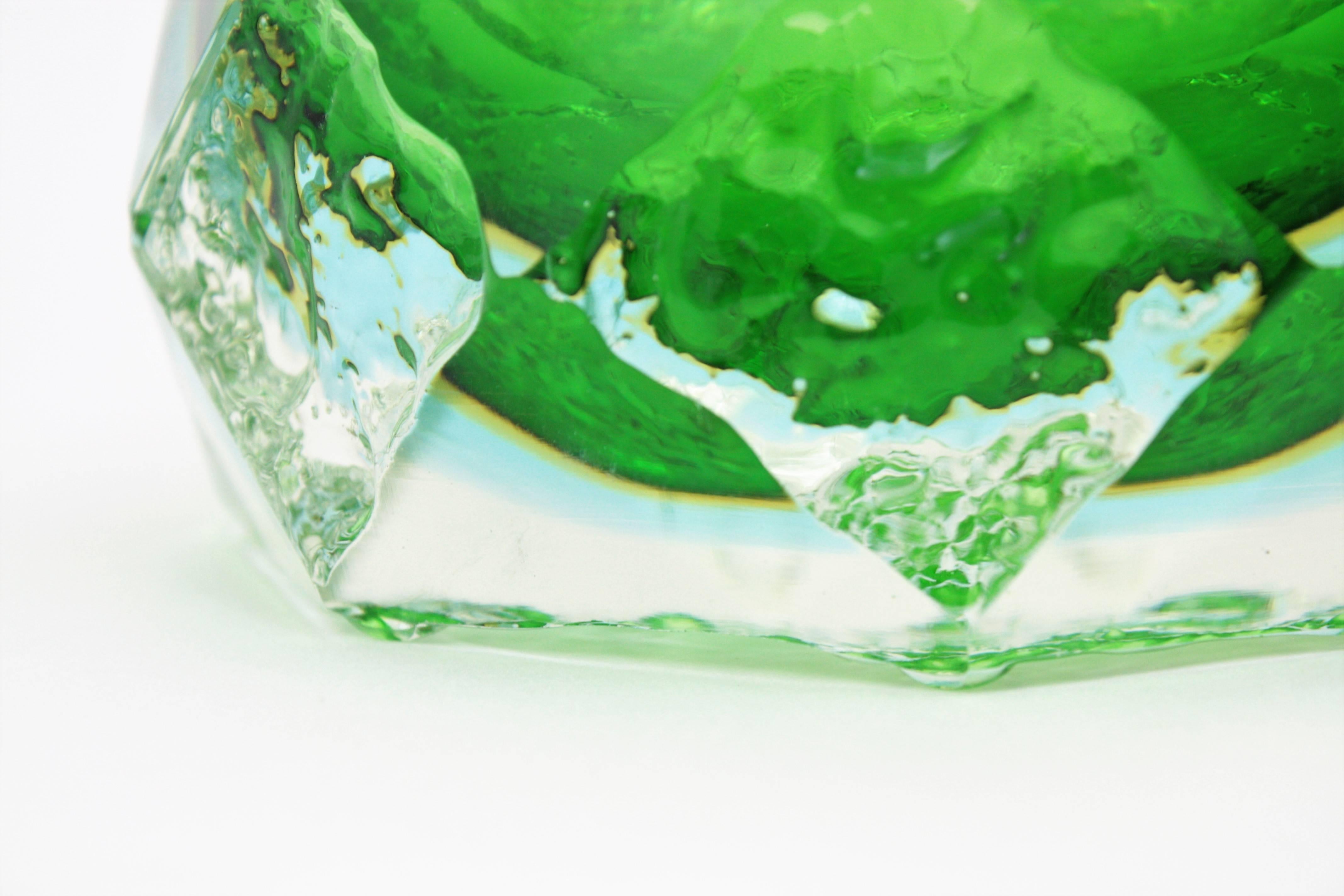 Mandruzzato Murano Ice Glass Faceted Sommerso Green Blue Yellow Art Glass Bowl 3