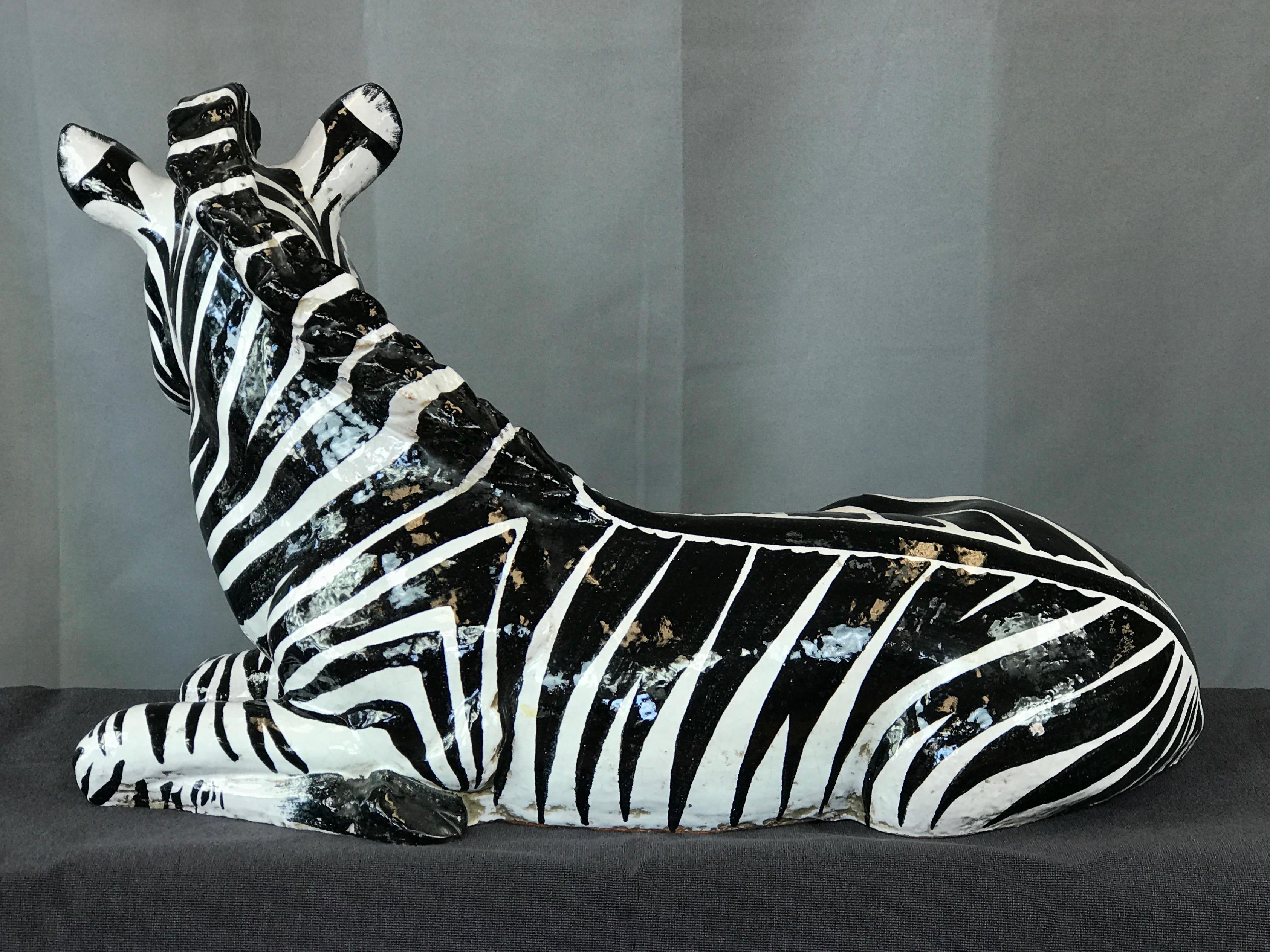 Mid-20th Century Large Manlio Trucco Style Italian Glazed Terracotta Zebra, circa 1960s