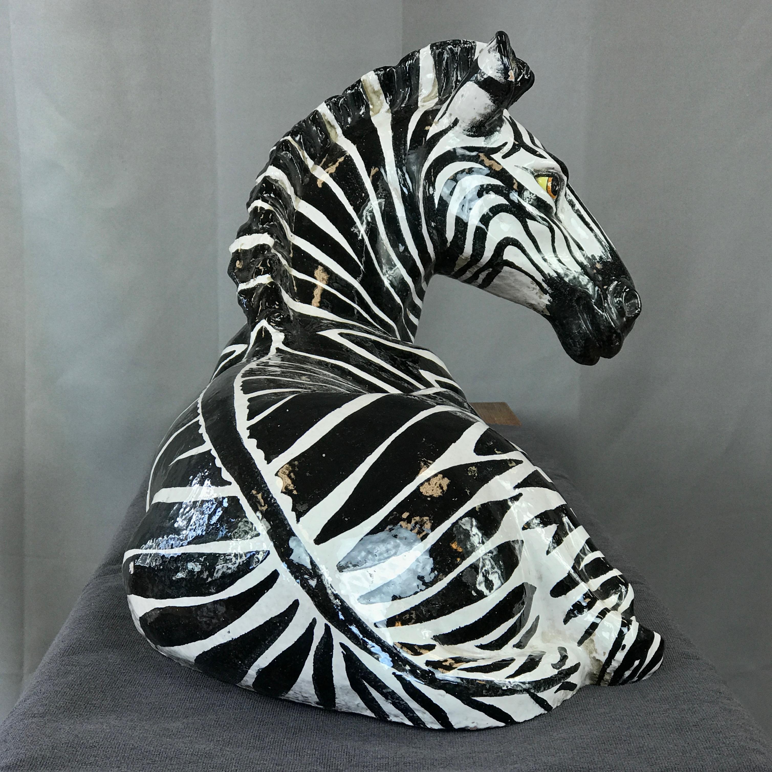 Large Manlio Trucco Style Italian Glazed Terracotta Zebra, circa 1960s 1