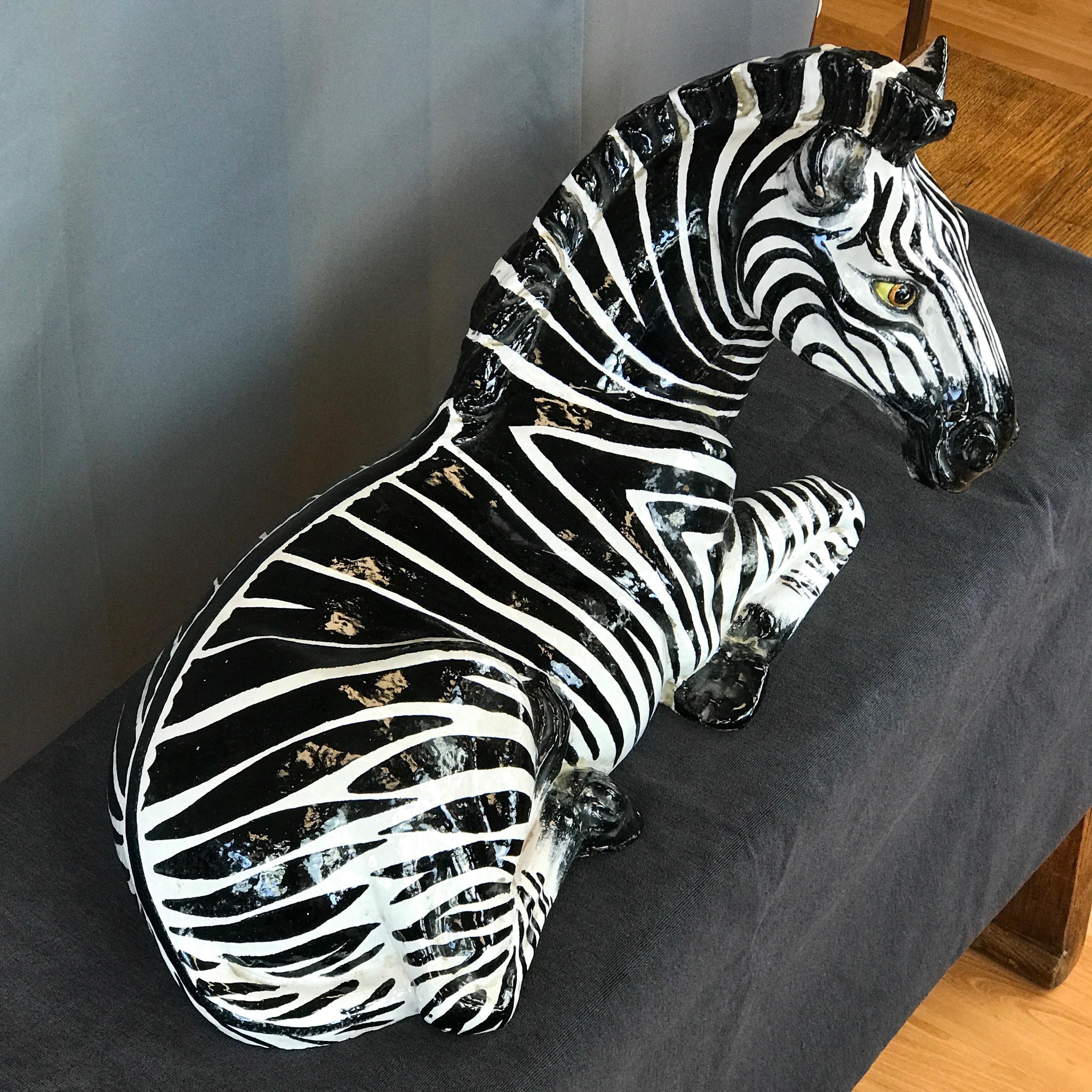 Large Manlio Trucco Style Italian Glazed Terracotta Zebra, circa 1960s 2