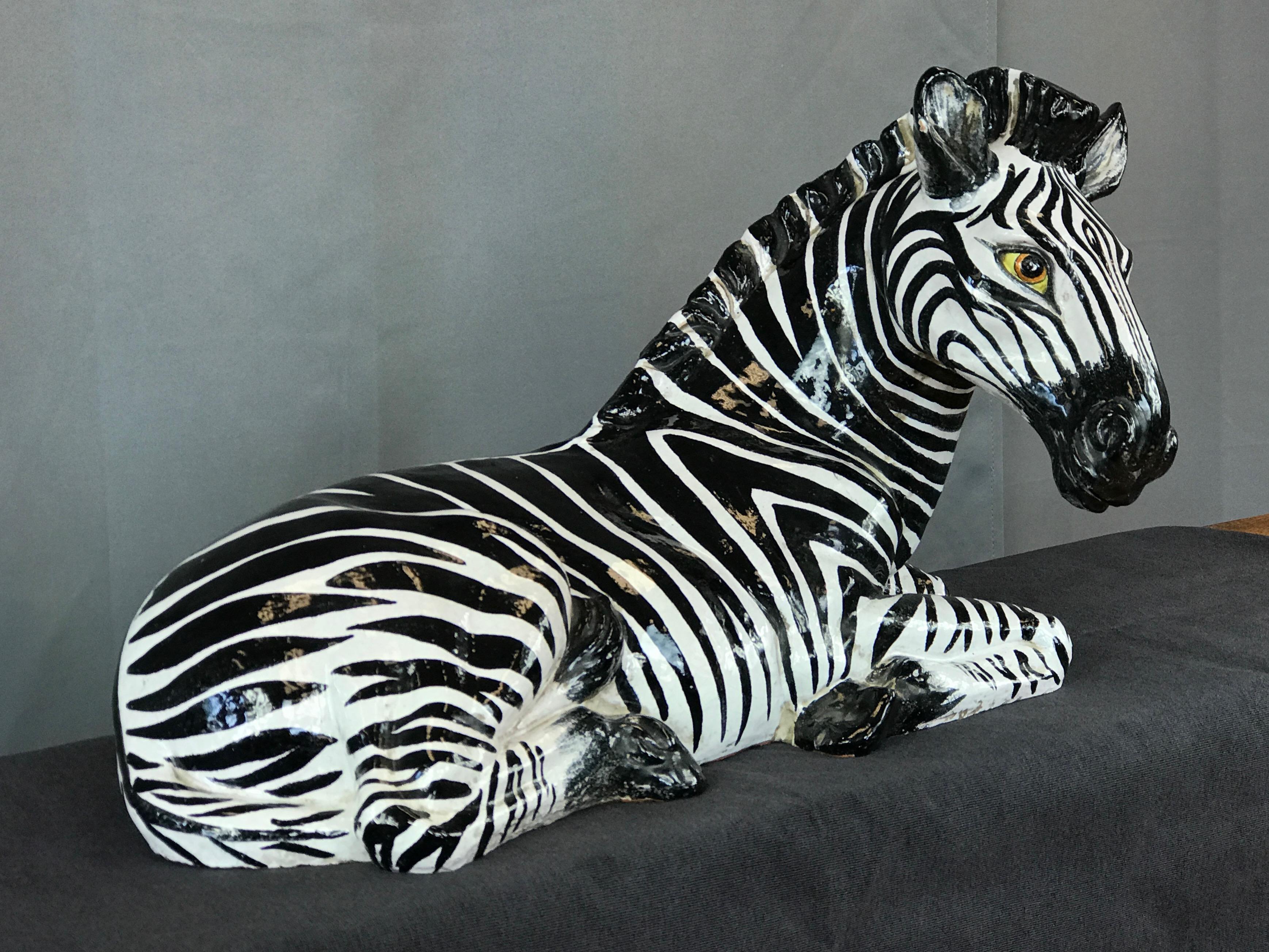 Large Manlio Trucco Style Italian Glazed Terracotta Zebra, circa 1960s 3