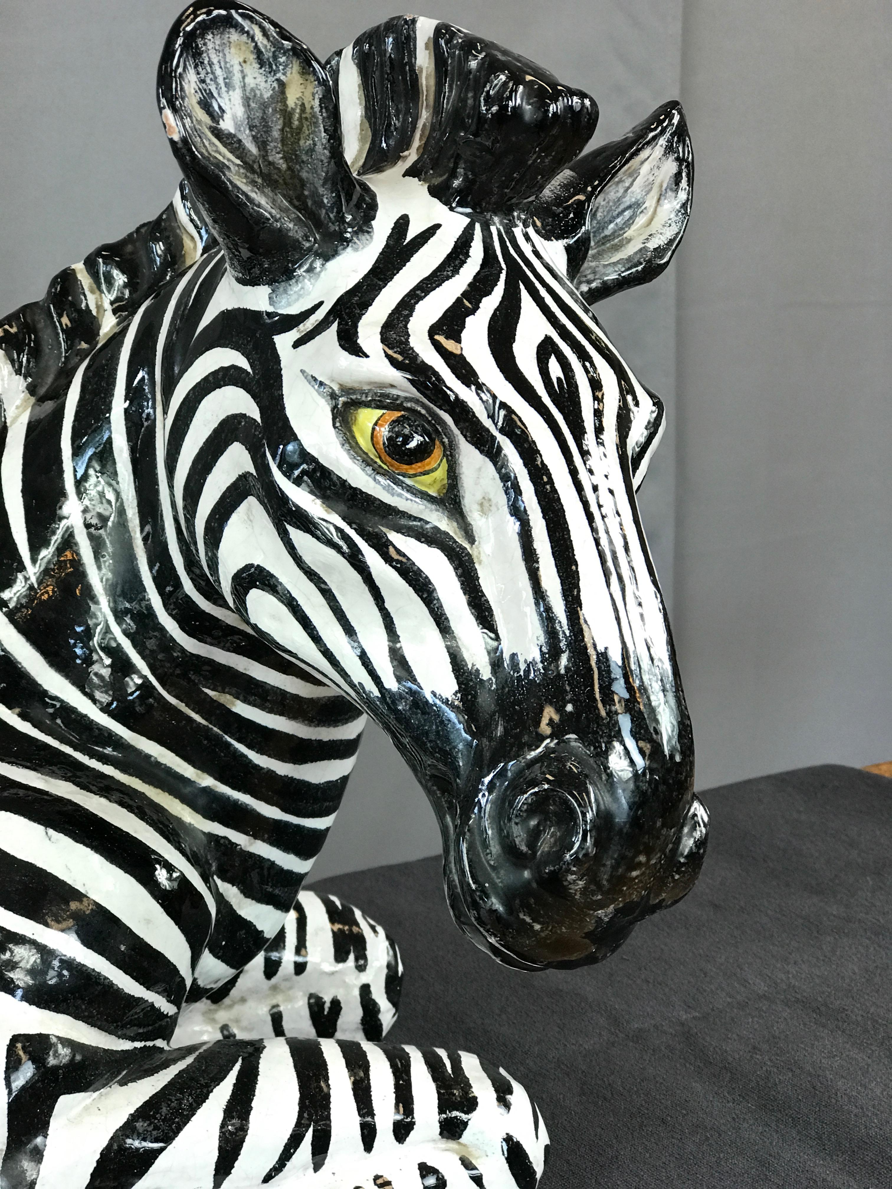 Large Manlio Trucco Style Italian Glazed Terracotta Zebra, circa 1960s 4