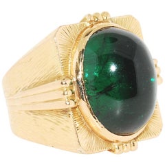 Large Man's Green Oval Cabochon Tourmaline Set in 18 Karat Yellow Gold