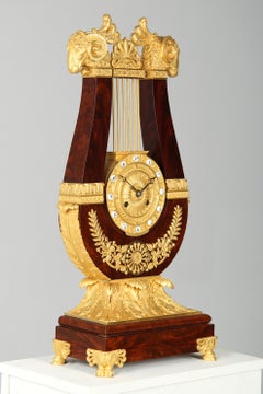 Large Mantel Clock, Lyre Pendule with Ormolu Ram's Heads, France, circa 1825