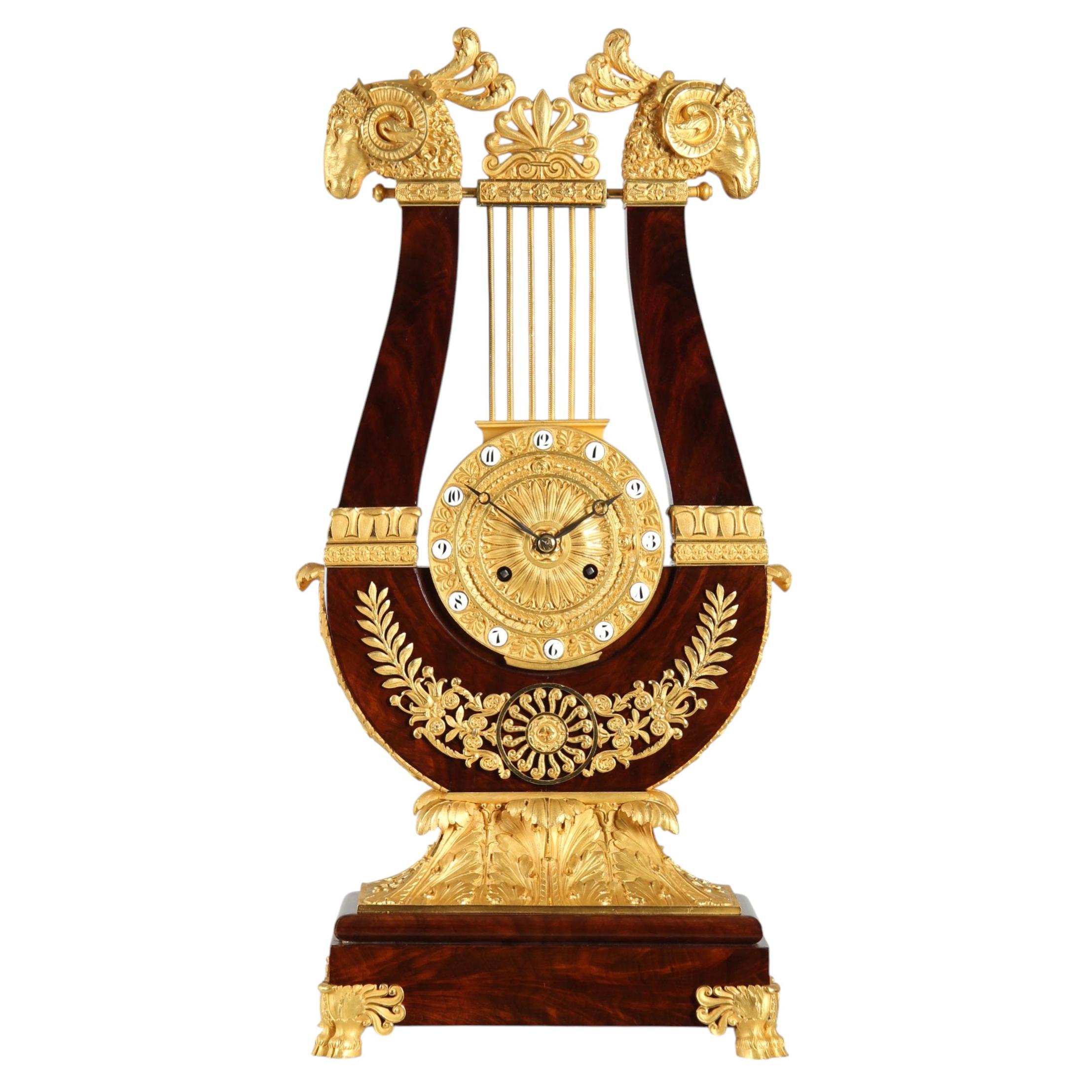 Large Mantel Clock, Lyre Pendule with Ormolu Ram's Heads, France, circa 1825