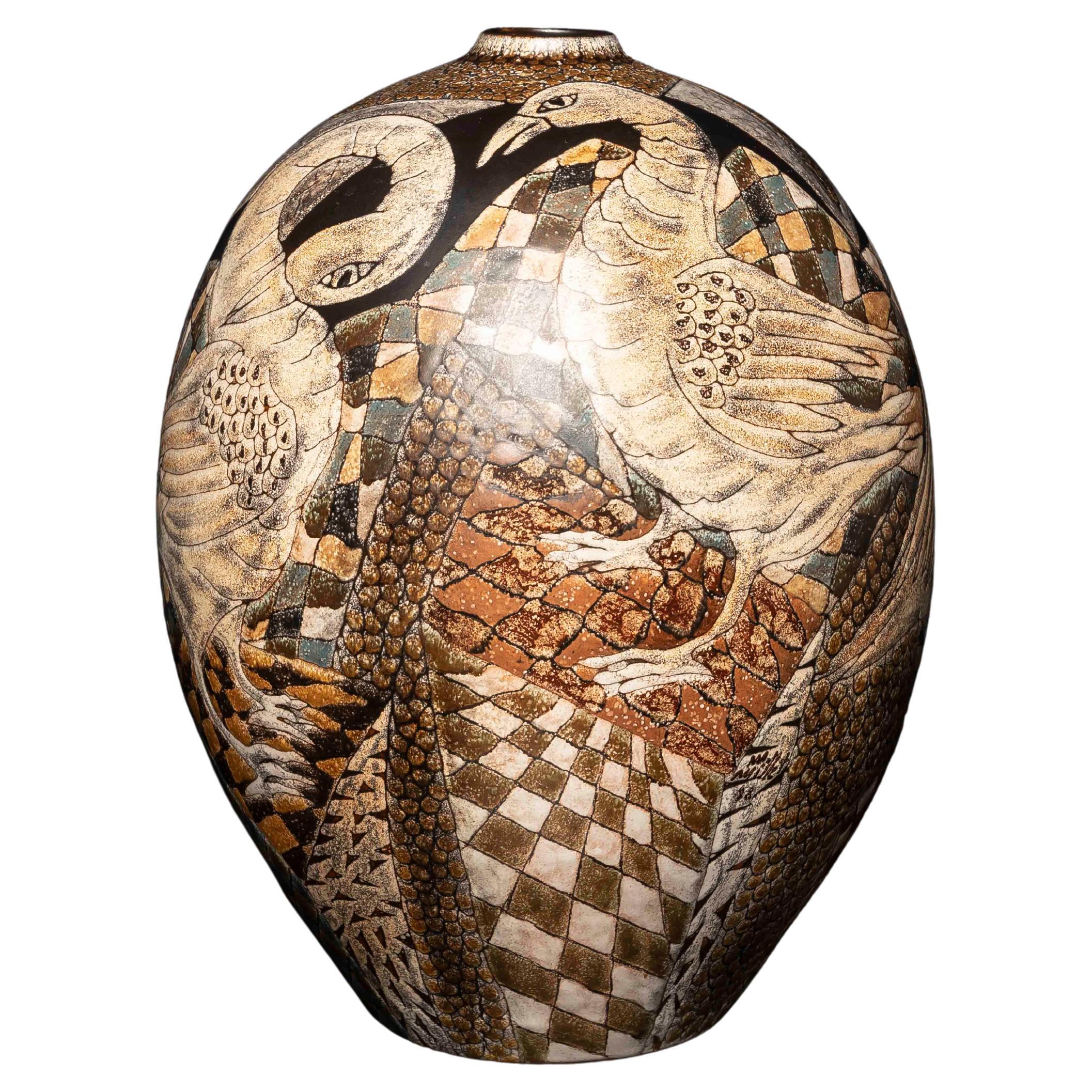 Grande vaso decorativo in ceramica con uccelli di Manuel Millet, 1988