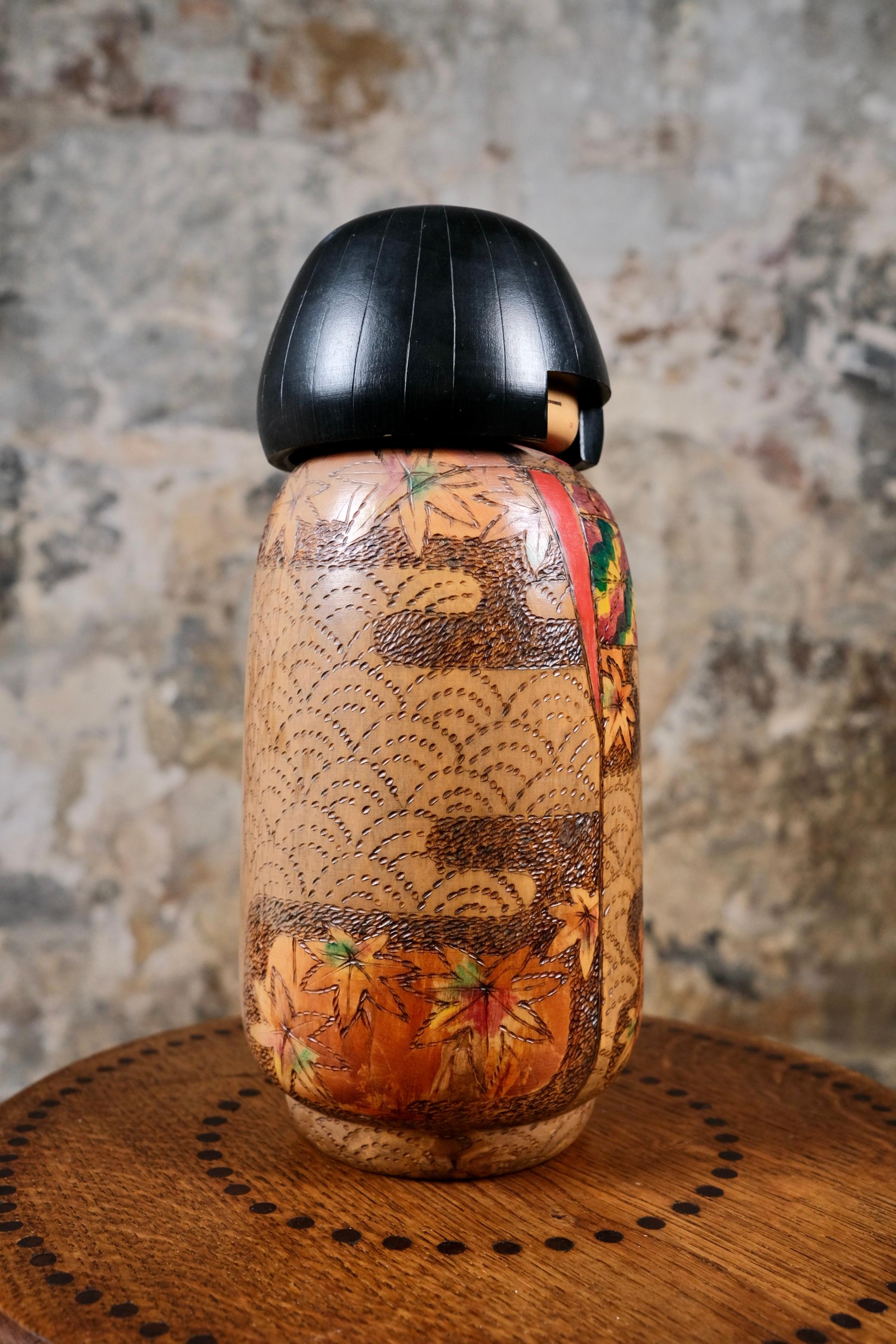 Japanese Large Maple Leaves Kokeshi by Inosuke Kobayashi, 1970s, Japan For Sale
