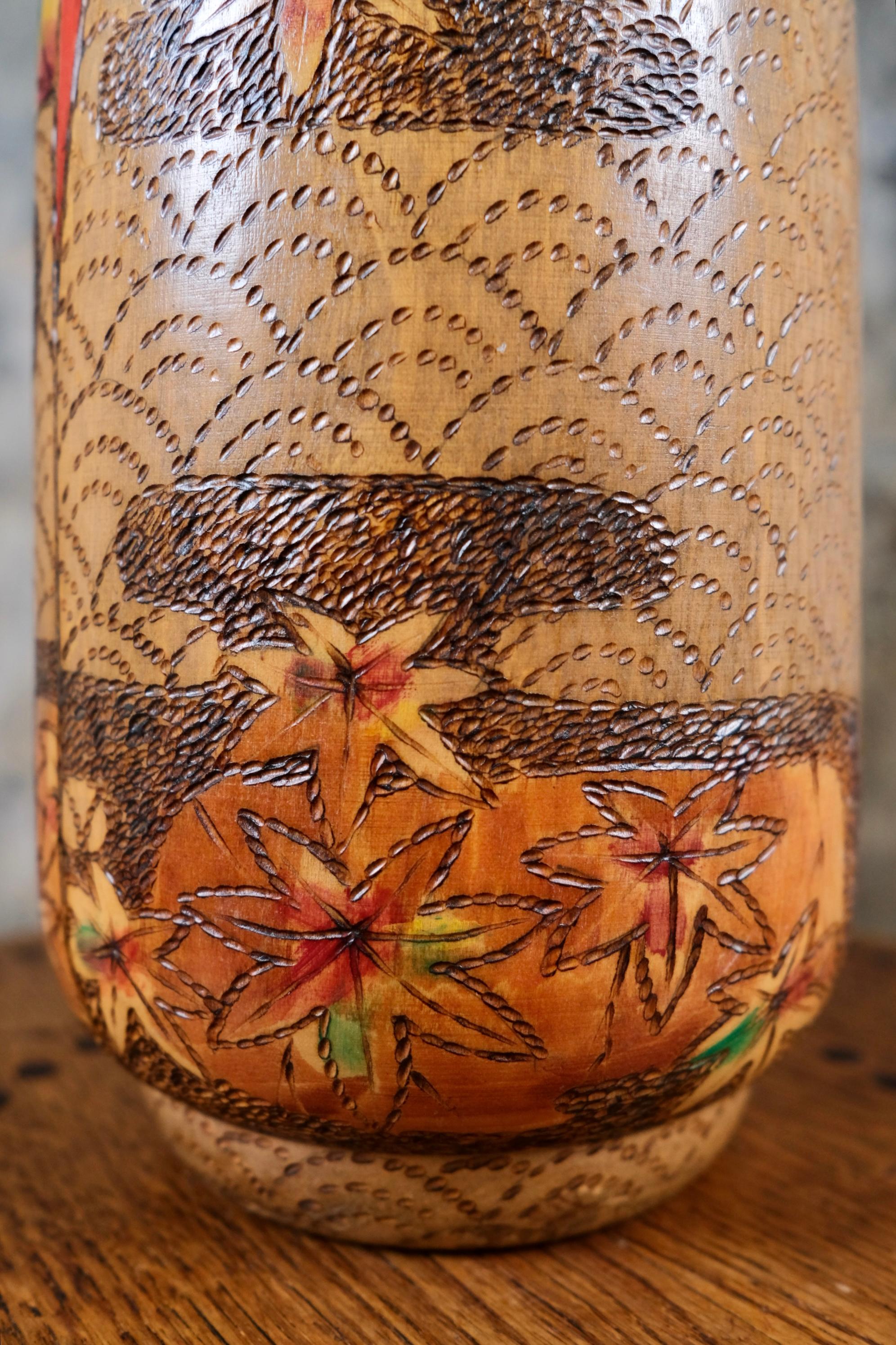Wood Large Maple Leaves Kokeshi by Inosuke Kobayashi, 1970s, Japan For Sale
