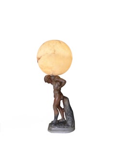 Large Marble and Alabaster table lamp: Atlas carrying The Globe