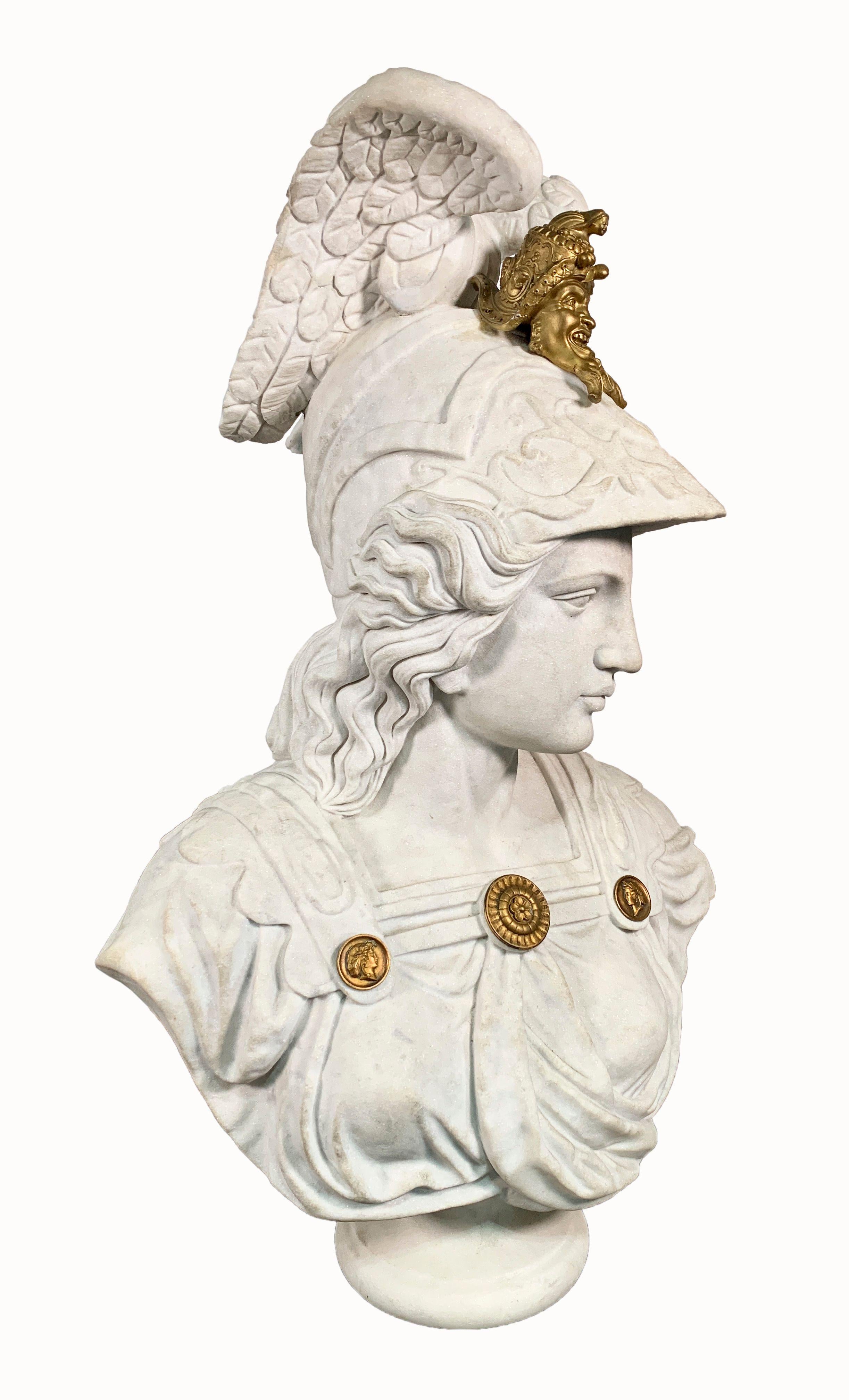 Large Marble and Bronze Bust of Minerva Goddess of Wisdom For Sale 1