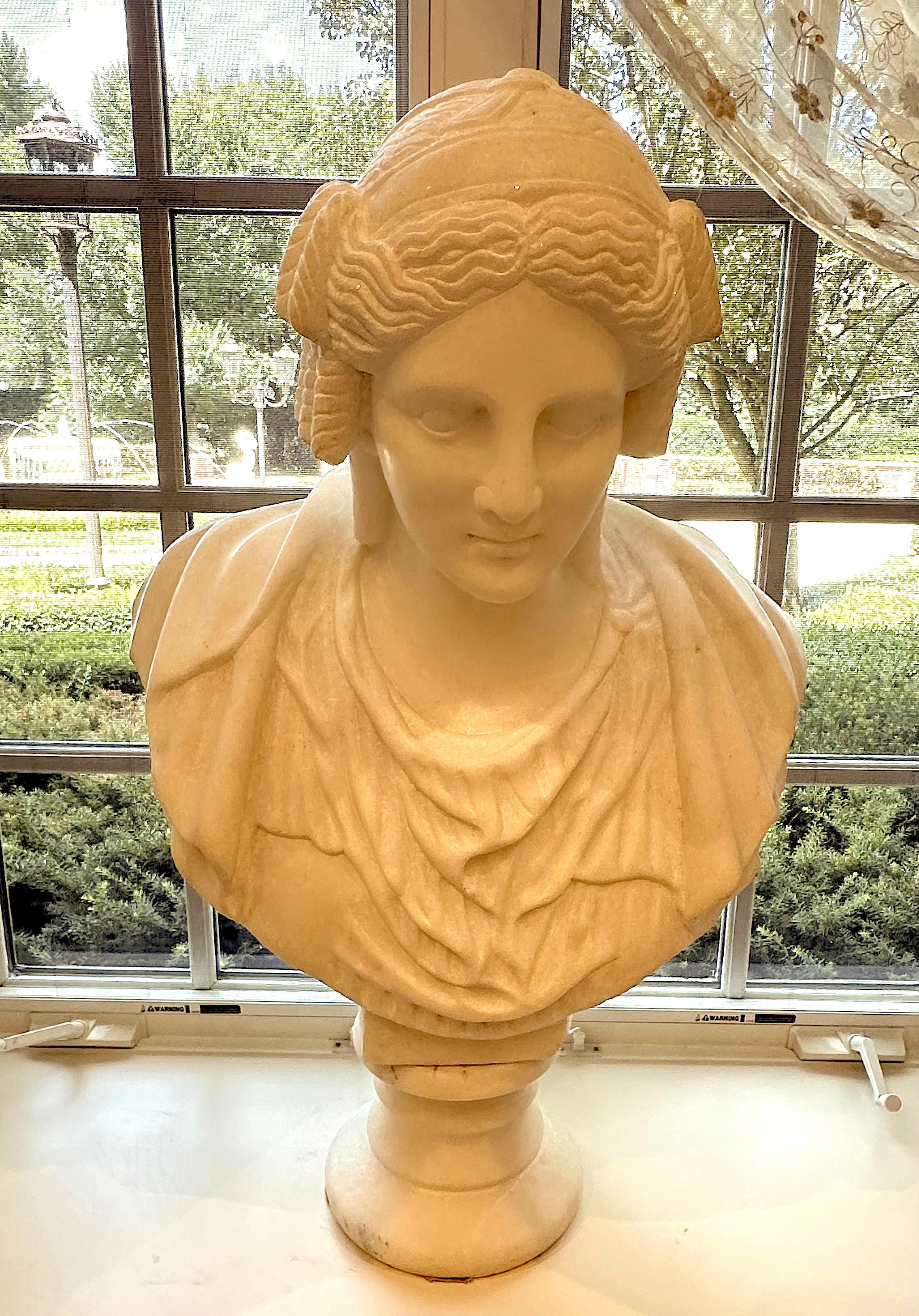 Grande busto in marmo di una fanciulla classica
Altezza 33 pollici, Larghezza 23 pollici, Profondità 13 pollici.