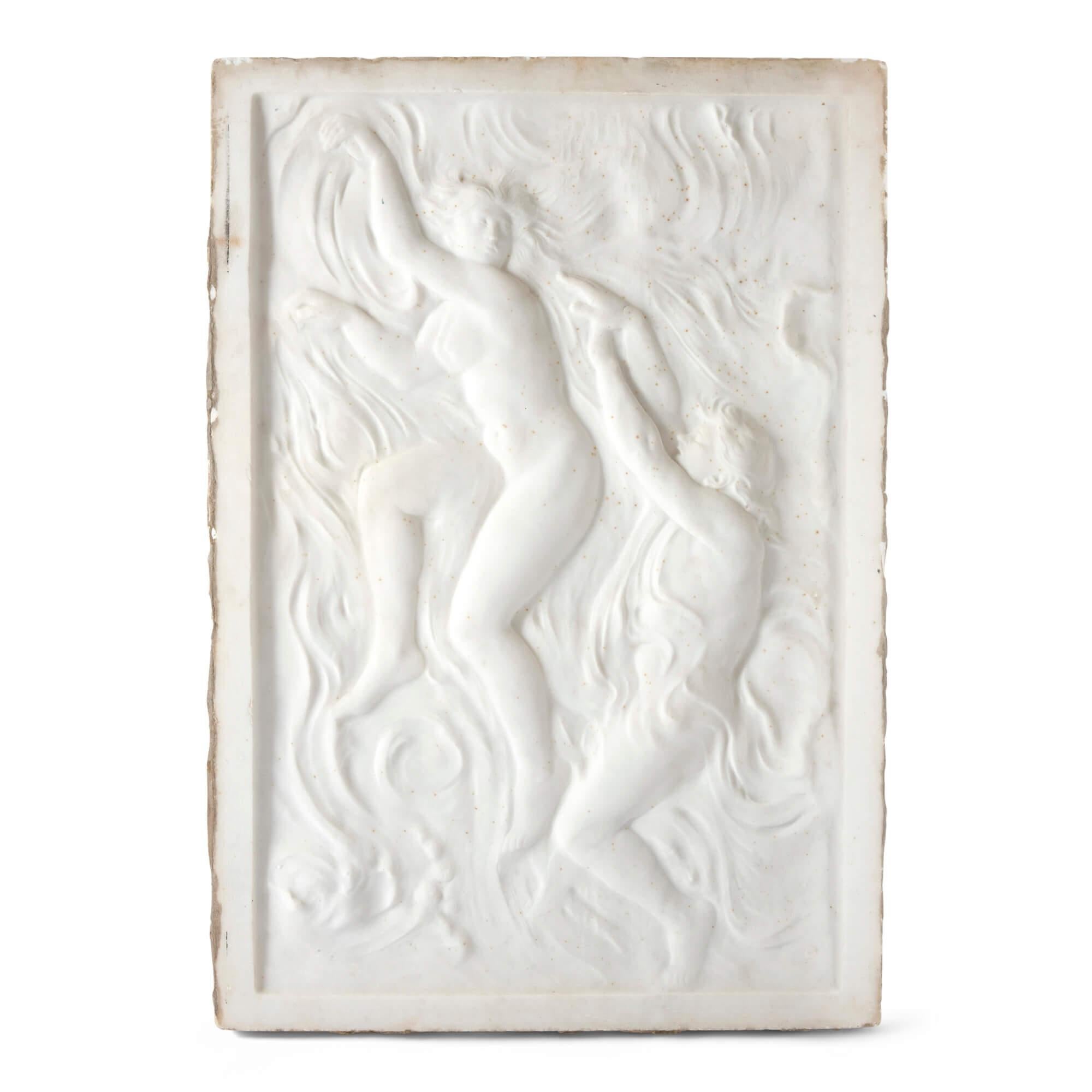 Large marble figurative relief panel by Pegram 
English, Early 20th Century 
Plaque: Height 102cm, width 70cm, depth 9cm
Frame: Height 109cm, width 89cm, depth 2cm

This bright white marble relief panel is crafted by Henry Alfred Pegram (English,