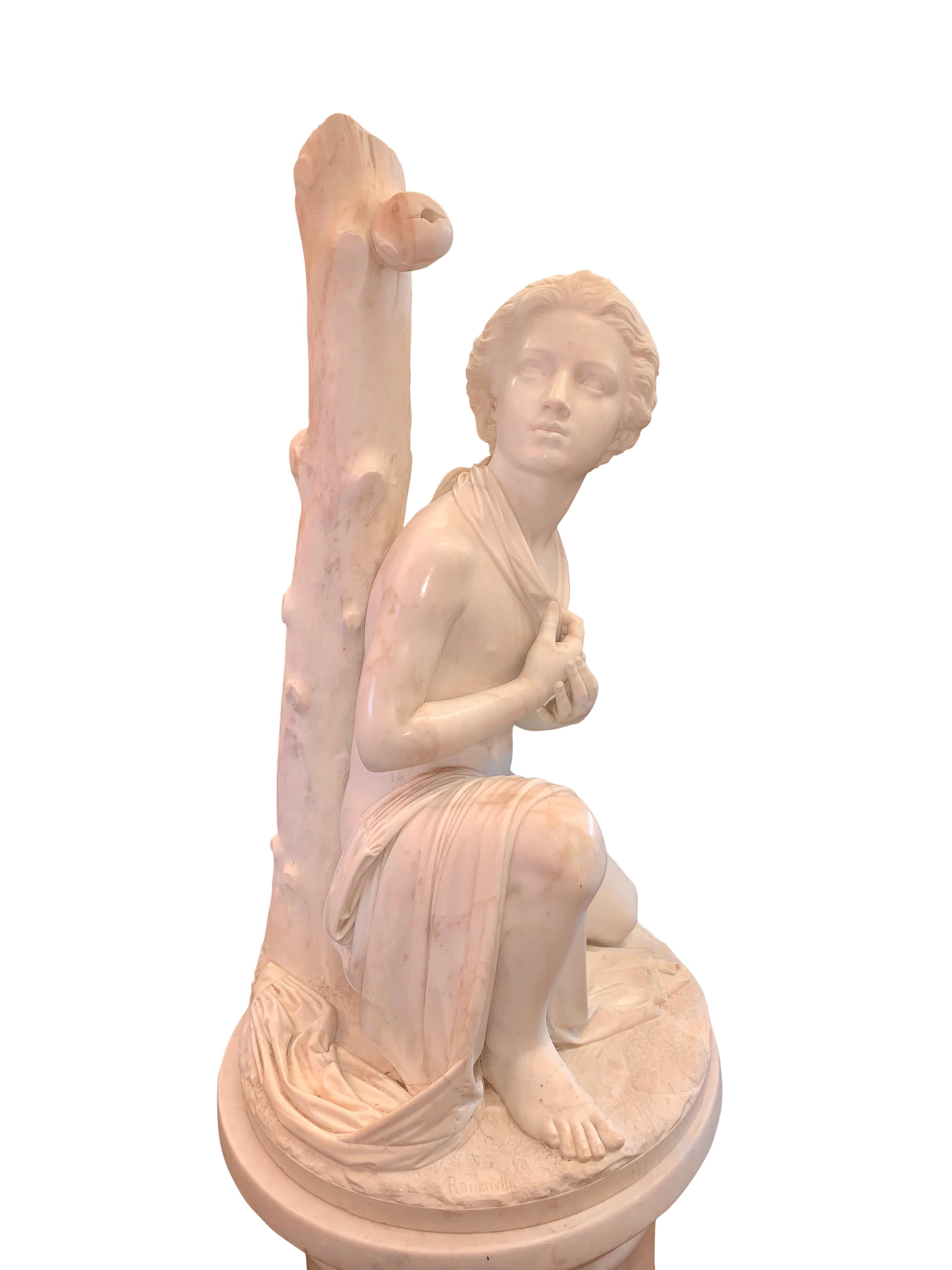 19th Century Large Marble Figure by Romanelli, 'The Son of Willaim Tell' For Sale