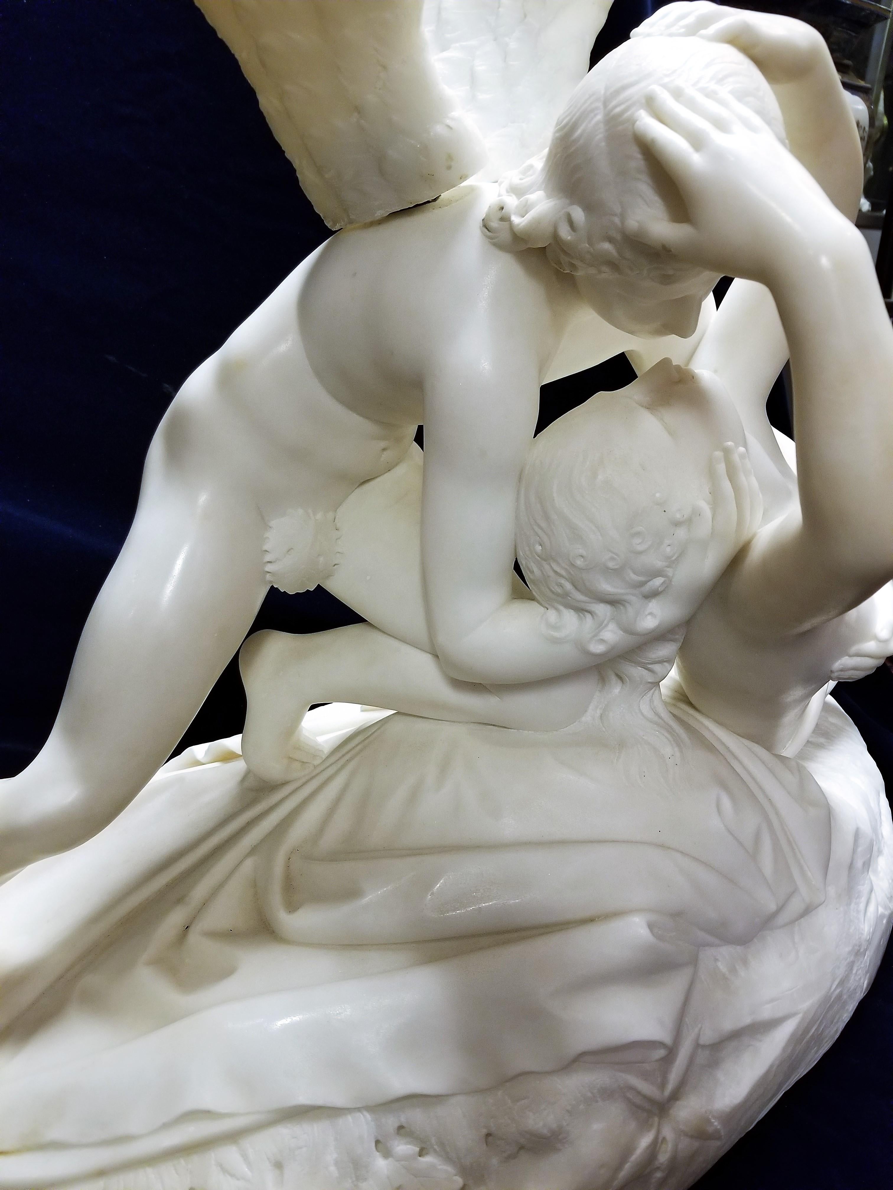 italien Grand groupe de marbres de « Cupidon et Psyché » d'après A. Canova, Signé C. Lapini en vente