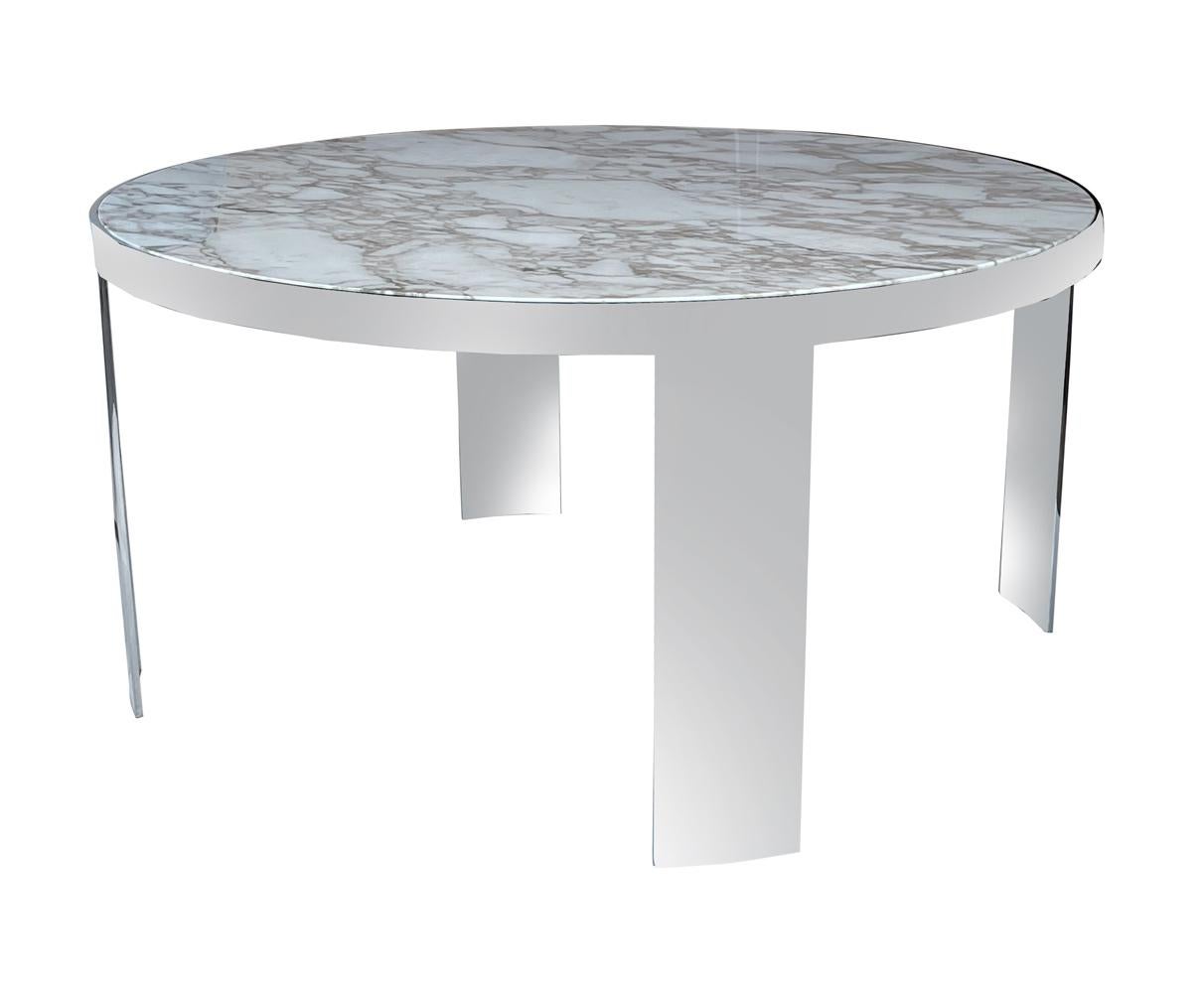 Steel Large Marble Mid-Century Modern Round Dining or Center Table by Leon Rosen