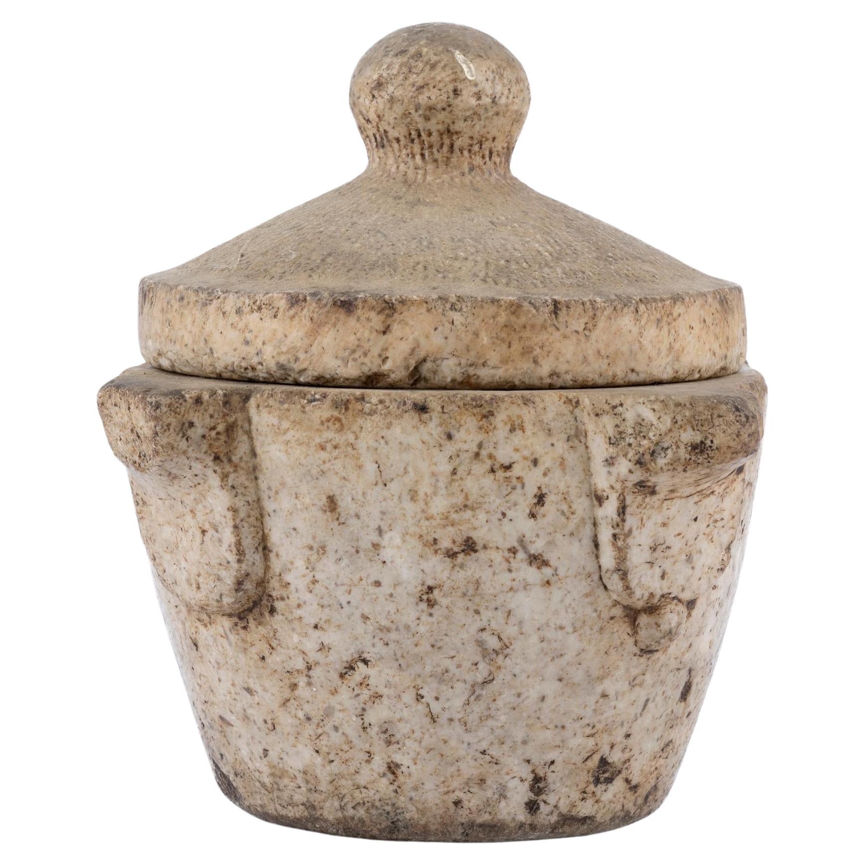 Large Marble Mortar 17th Century with Lid and Stylised Embossed Elements