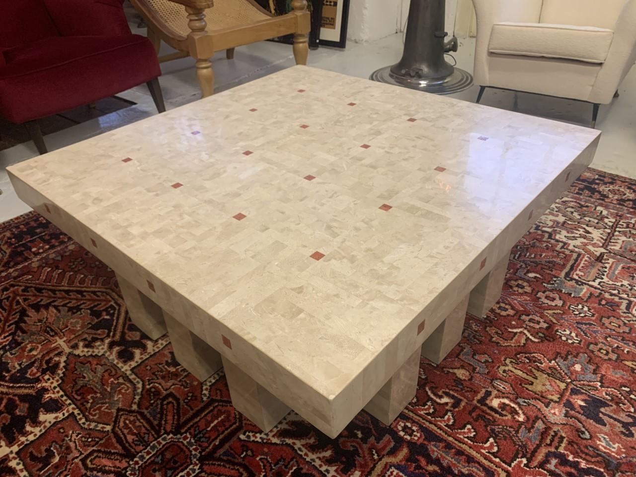 Large Brutalist  marble coffee table in the style of designer Ado Chale. 
A contemporary piece that will compliment many interior styles. Made with Marble stone on a solid hardwood frame with use of mosaic technique. The 12 legs give it a very