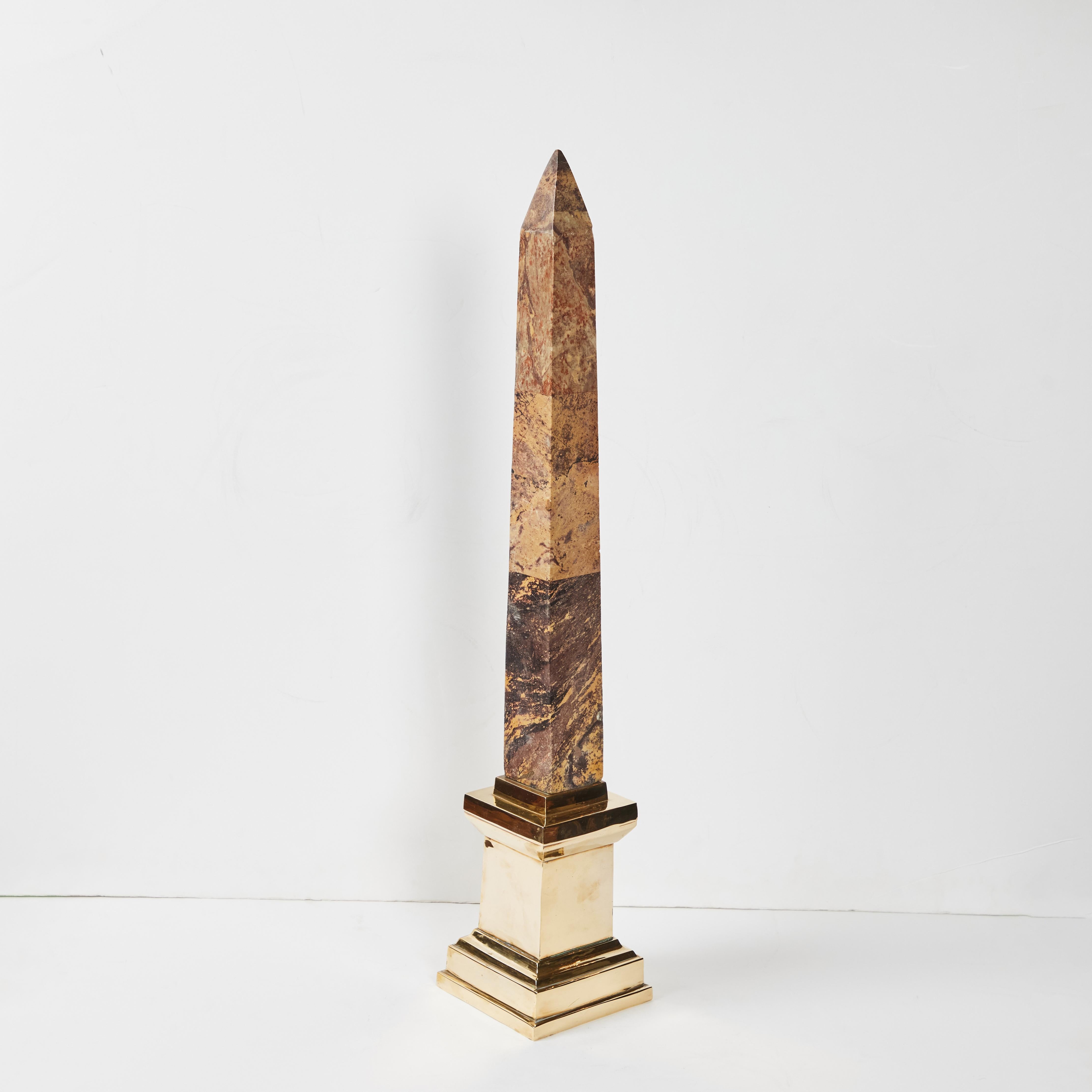 Hand-Carved Large Marble Obelisk with Brass Mount For Sale