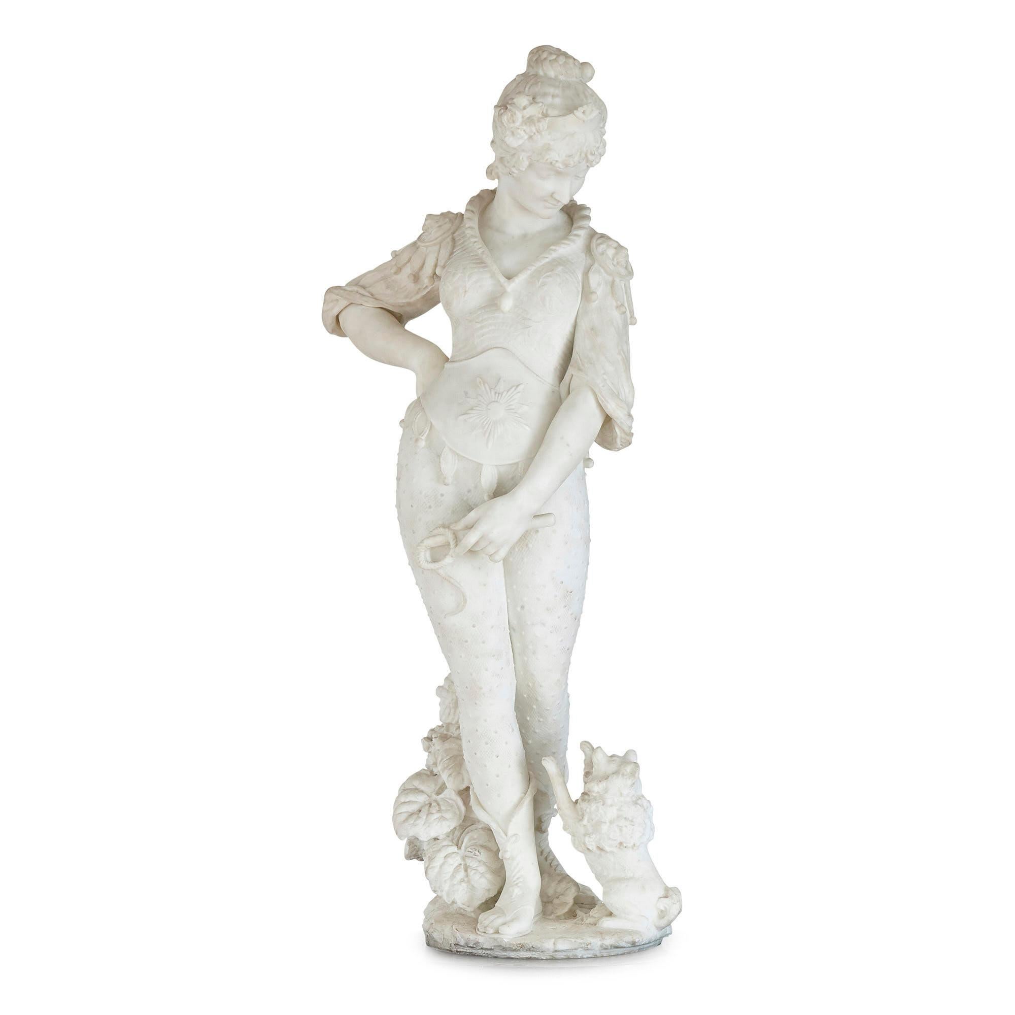 Large marble sculpture of a circus ringmistress by Antonio Natali
Italian, late 19th century
Figure: Height 110cm, width 46cm, depth 33cm
Pedestal: Height 98cm, diameter 50cm
Total: Height 208cm, diameter 50cm

This superb marble sculpture is