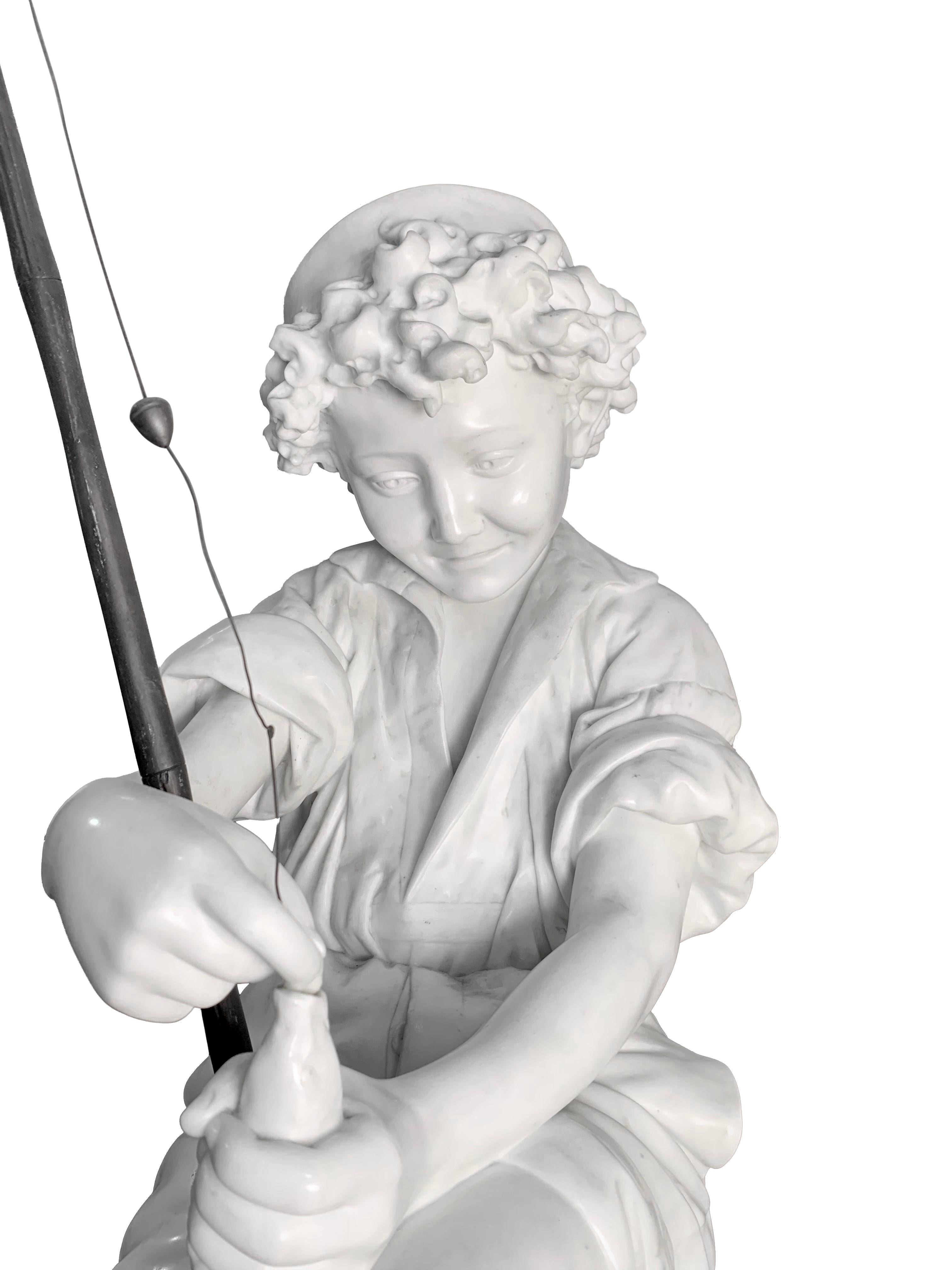 Large Marble Sculpture of a Fisherman boy by professor Lot Torelli In Good Condition For Sale In Los Angeles, CA