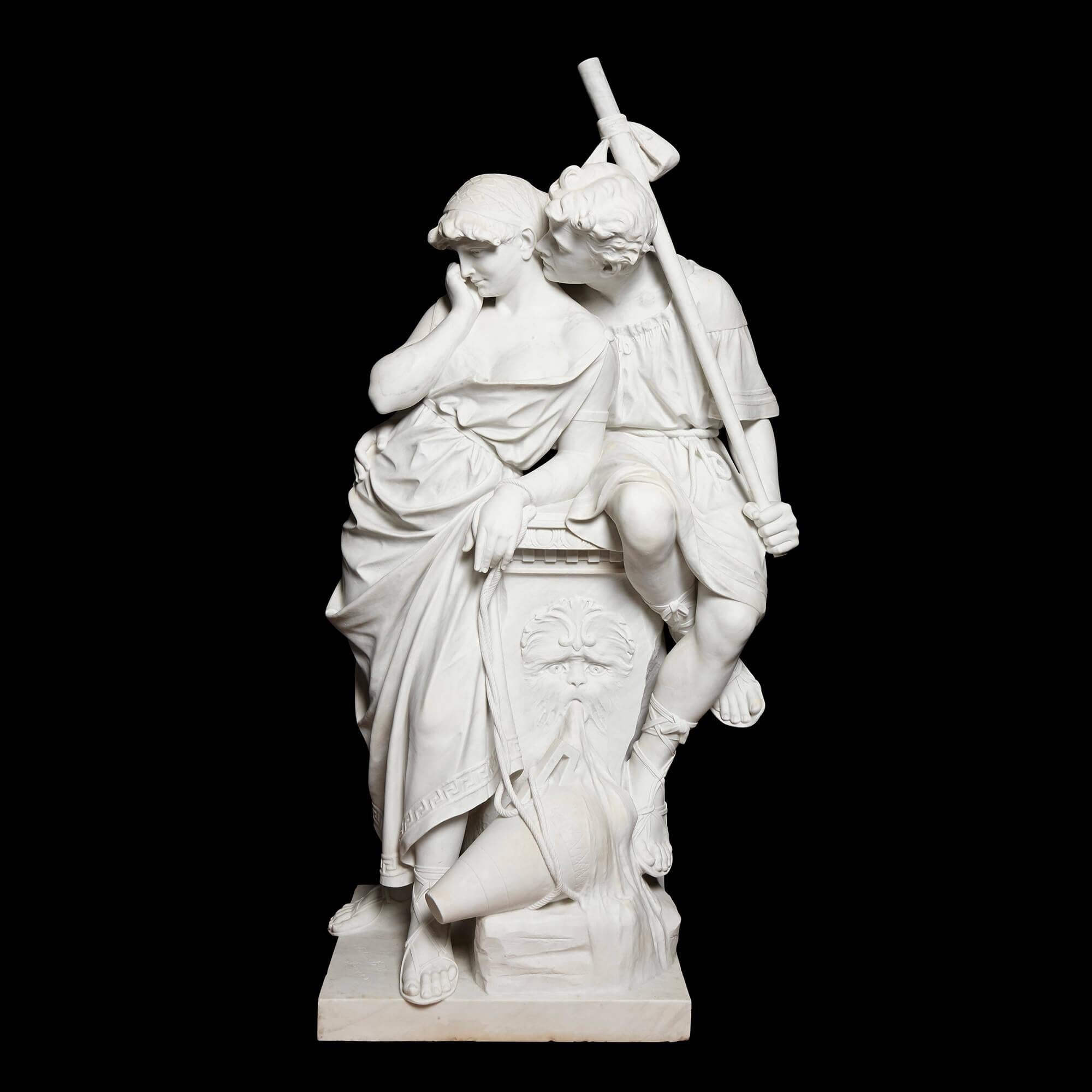 Grande sculpture en marbre représentant un couple d'amoureux, réalisée par Antonio Frilli.
Italien, fin du XIXe siècle
Mesures : Hauteur 130 cm, largeur 68 cm, profondeur 46 cm.

Ce groupe sculptural spectaculaire est l'œuvre d'Antonio Frilli,