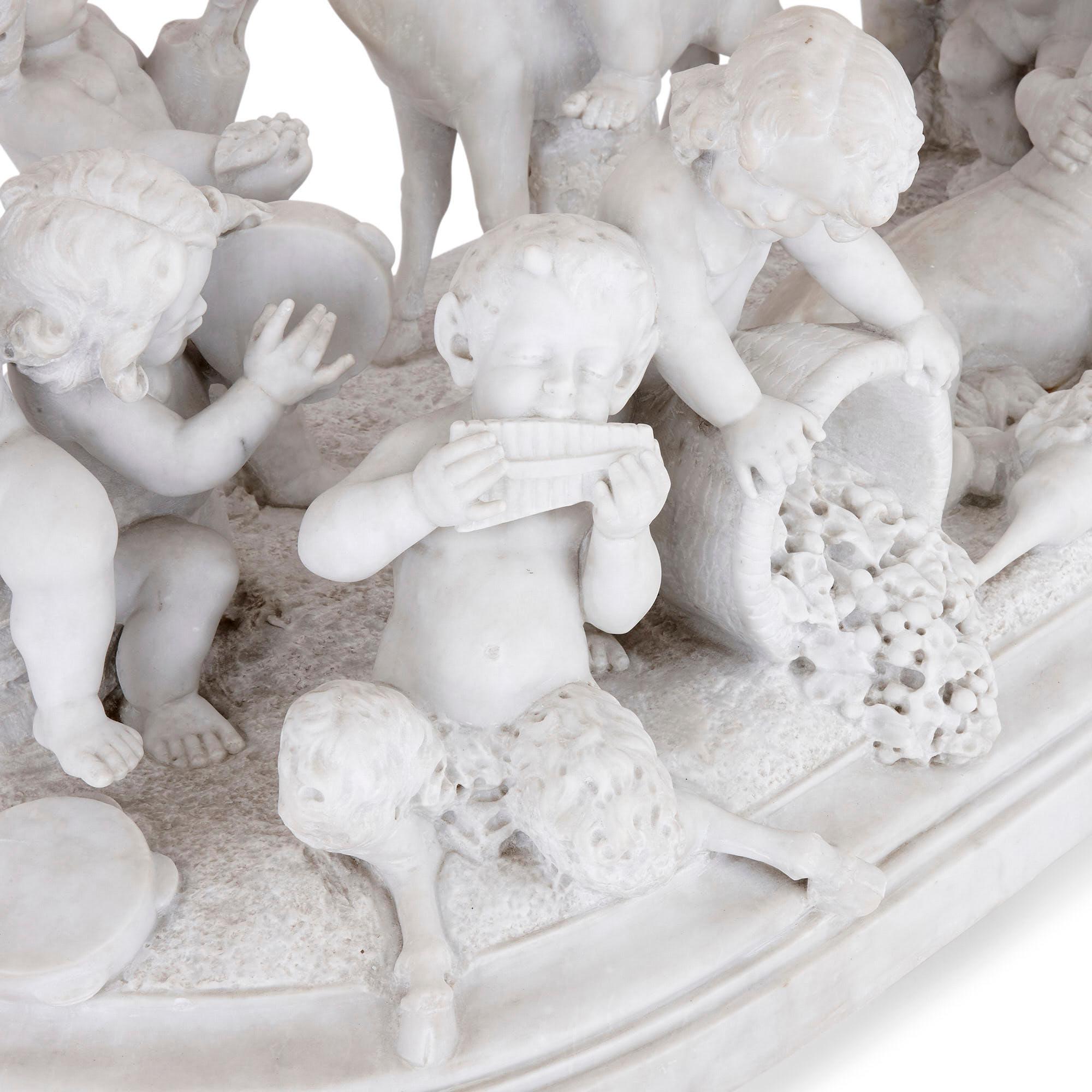 Marbre Grande sculpture en marbre de Silenus et son entourage par Paul Brou