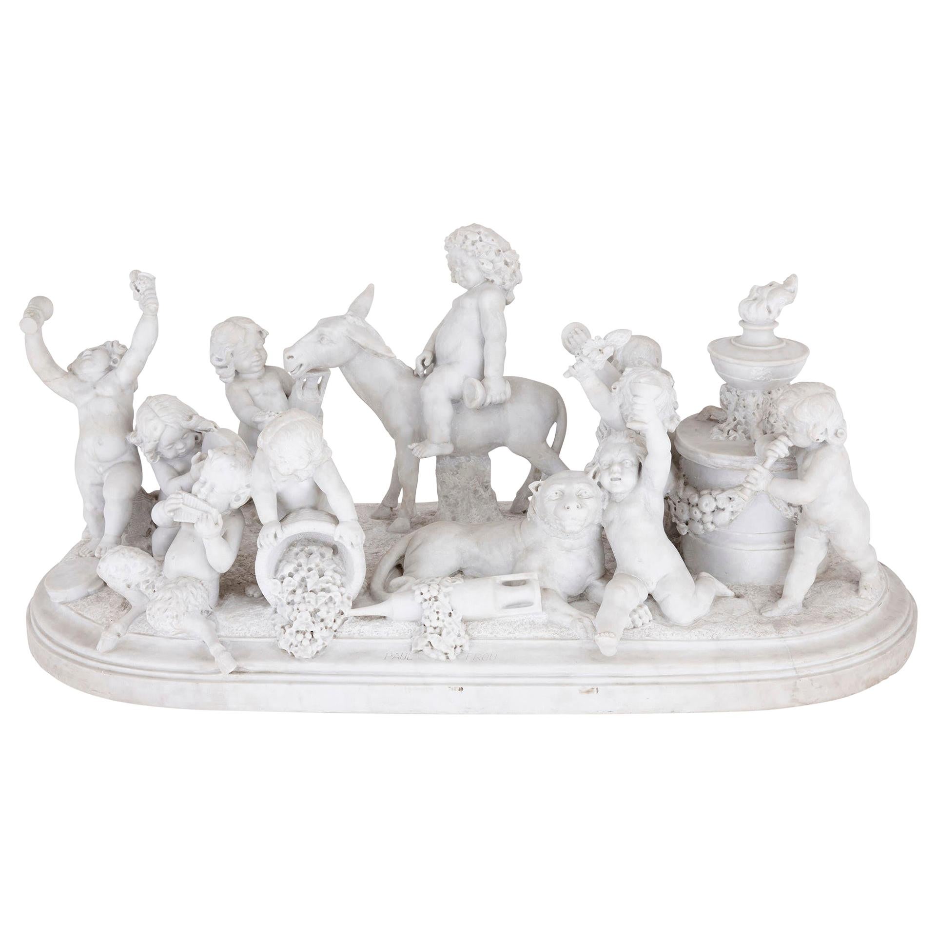 Large Marble Sculpture of Silenus and His Entourage by Paul Brou For Sale
