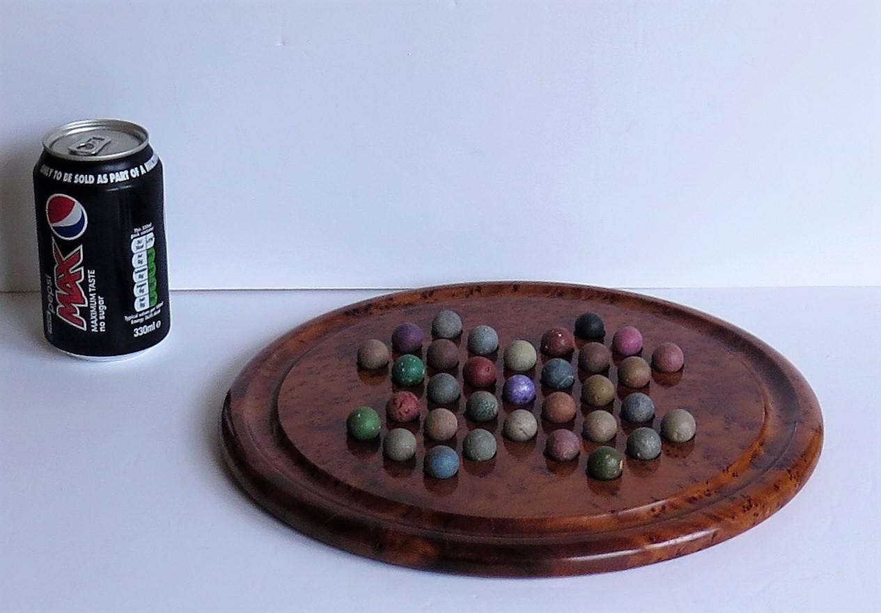 Large Marble Solitaire Board Game with 33 Early Handmade Clay Marbles 2