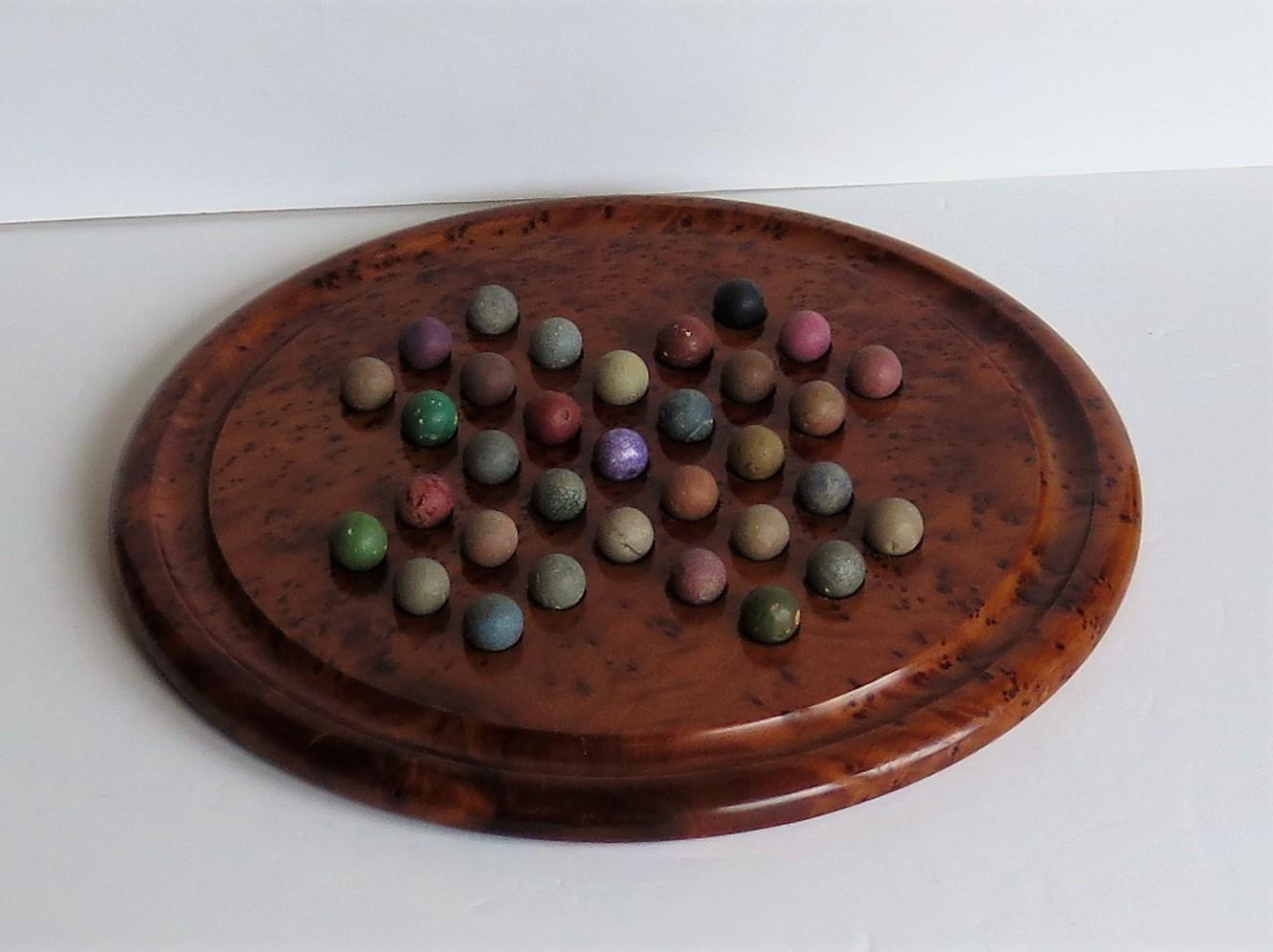 English Large Marble Solitaire Board Game with 33 Early Handmade Clay Marbles For Sale