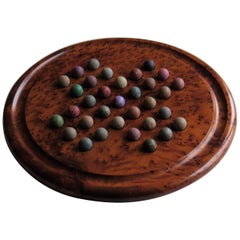 Large Marble Solitaire Board Game with 33 Early Handmade Clay Marbles