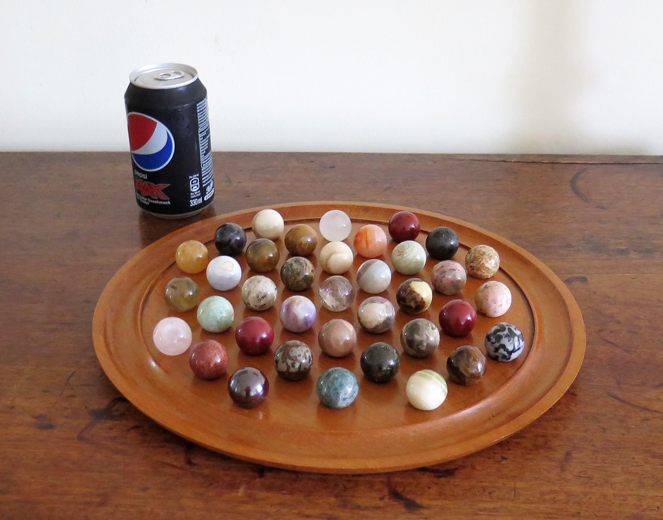 Large Marble Solitaire Board Game with 37 Agate Marbles, Late 19th Century 8